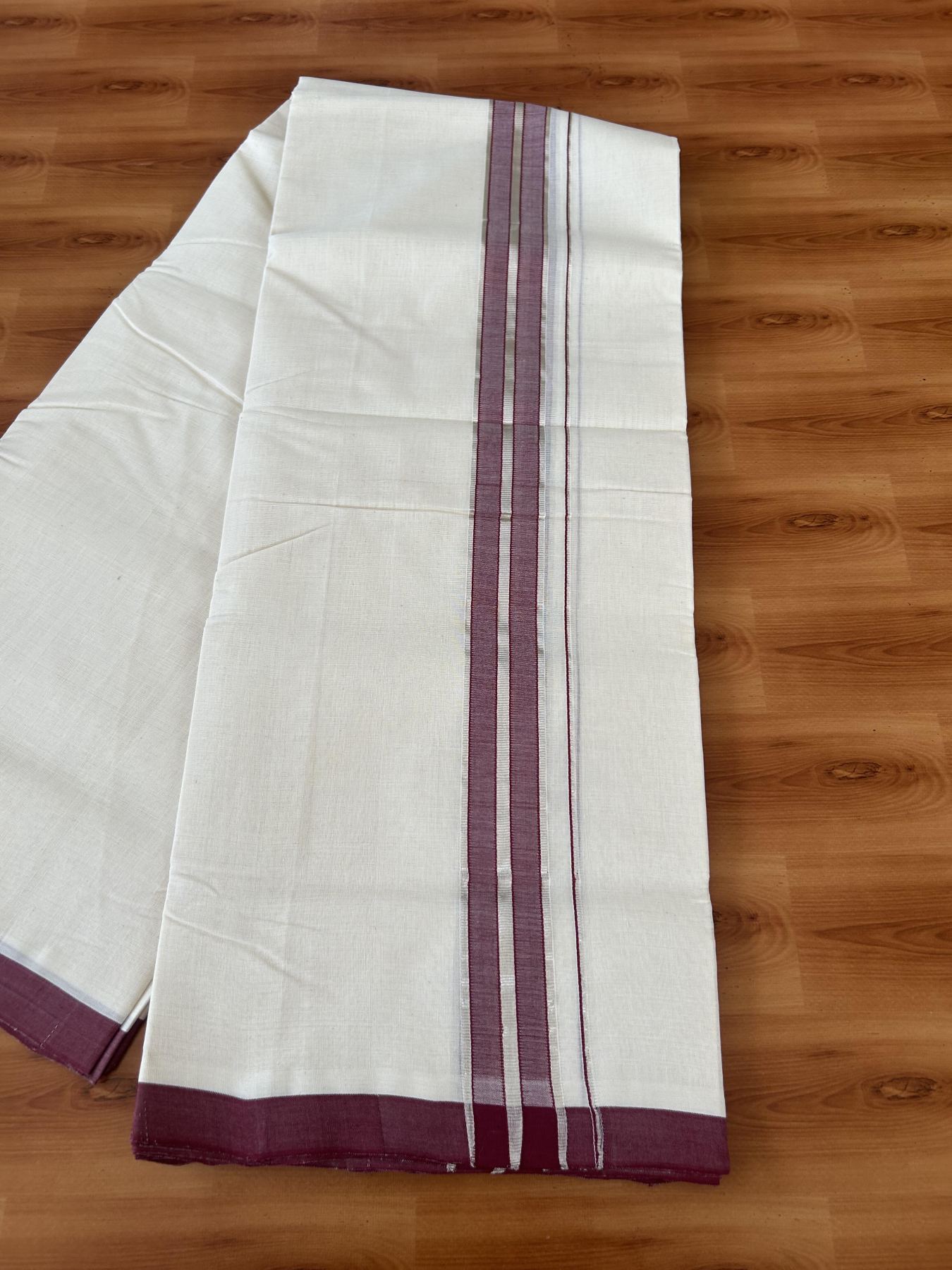 25% Discount ! KaithariKada Handloom Millpaav - Kerala Handloom - 100% Pure Cotton Off White (Unbleached) Double Mundu/Dhoti - 80x90 - 1.5 inch Silver Kasav & Maroon Shaded Striped Kara 4 Meters (8.5 Muzham) - 35 KK5386 RAM