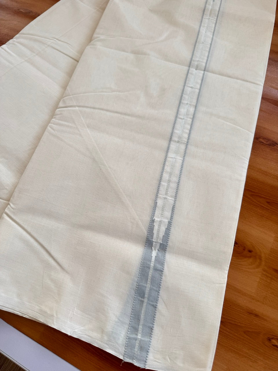 Double Off white Kerala Mundu / Dhoti - 20% Discount! KaithariKada 100% Cotton - 100x100 - Muthukuri Ash Grey Chutty & Silver Kasav kara 4 mtr (8.5 muzham) - 3 KK5486 ASH