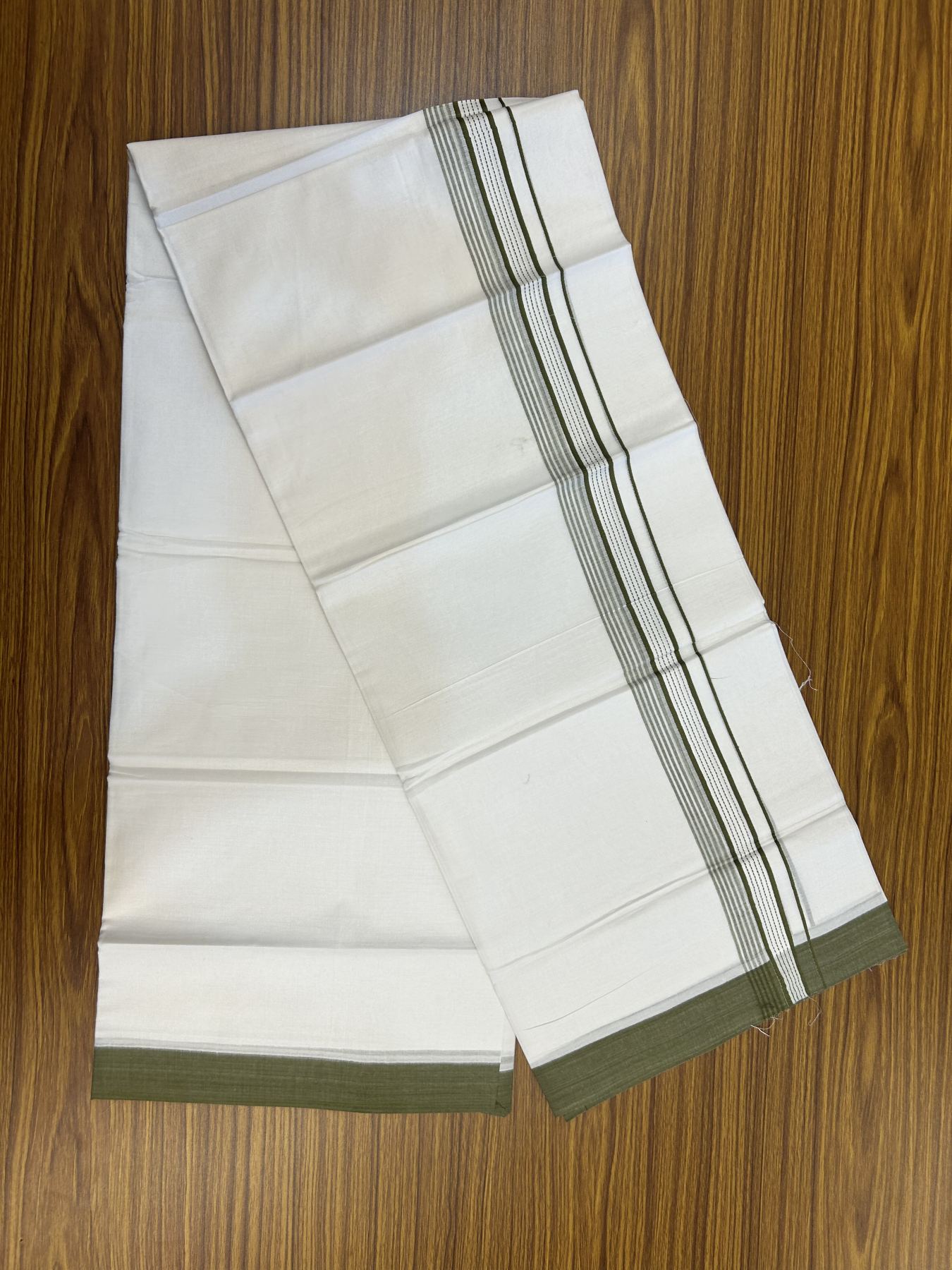 20% Discount!! KaithariKada Balaramapuram 100% Cotton Double Pure White Mundu/Dhoti - 100x100 - 1.25 inch Olive Green Striped Kara 3.96 mtr (8 muzham) - 1 KK5318 GAN