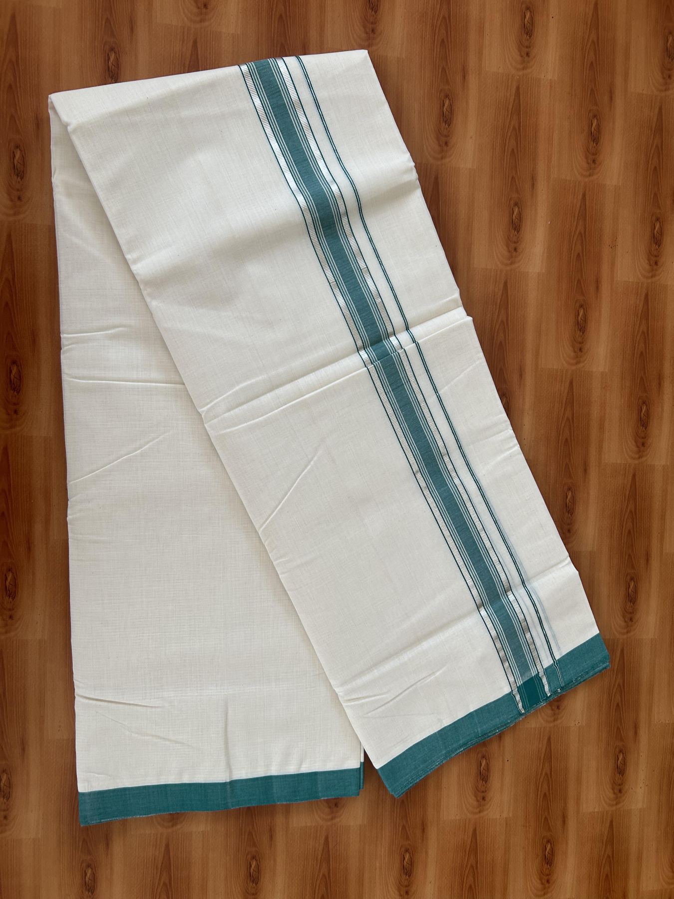 25% Discount ! KaithariKada Handloom Millpaav - Kerala Handloom - 100% Pure Cotton Off White (Unbleached) Double Mundu/Dhoti - 80x90 - 1.5 inch Silver Kasav & Teal Green Shaded Striped Kara 4 Meters (8.5 Muzham) - 37 KK5386 RAM
