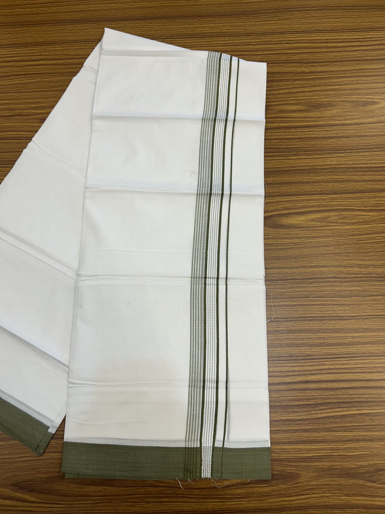 20% Discount!! KaithariKada Balaramapuram 100% Cotton Double Pure White Mundu/Dhoti - 100x100 - 1.25 inch Olive Green Striped Kara 3.96 mtr (8 muzham) - 1 KK5318 GAN