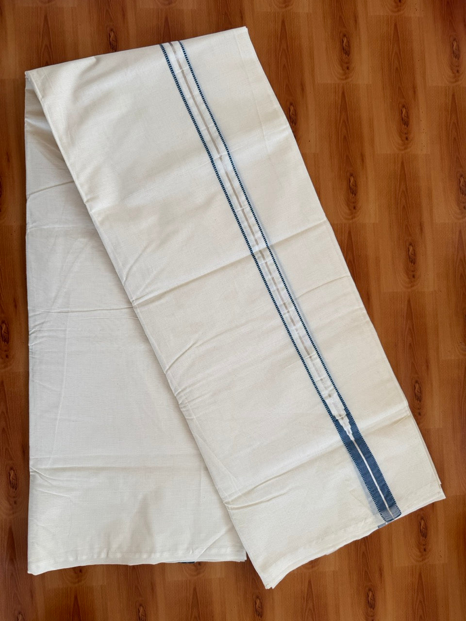Double Off white Kerala Mundu / Dhoti - 20% Discount! KaithariKada 100% Cotton - 100x100 - Muthukuri Peacock Blue Chutty & Silver Kasav kara 4 mtr (8.5 muzham) - 4 KK5486 ASH
