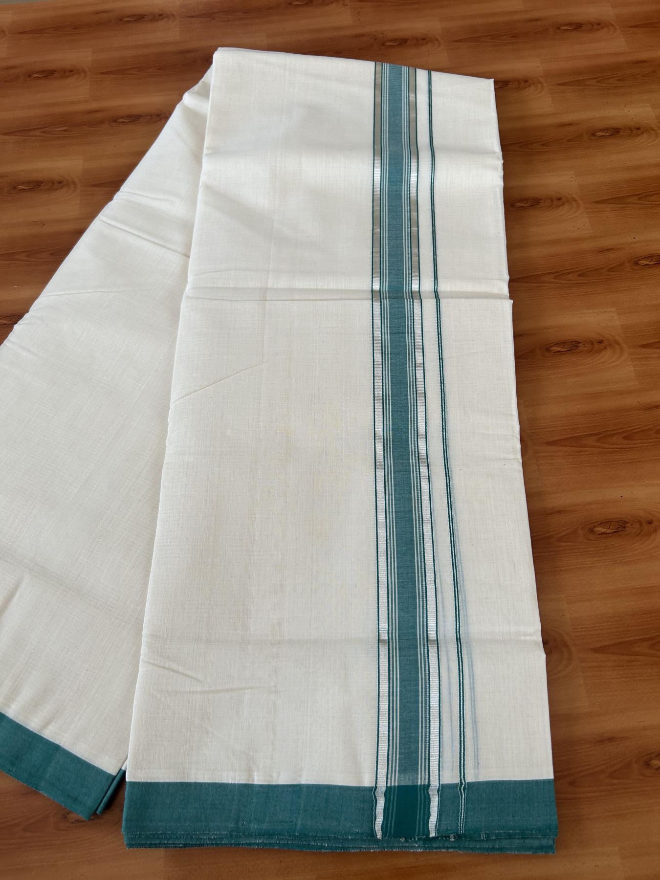 25% Discount ! KaithariKada Handloom Millpaav - Kerala Handloom - 100% Pure Cotton Off White (Unbleached) Double Mundu/Dhoti - 80x90 - 1.5 inch Silver Kasav & Teal Green Shaded Striped Kara 4 Meters (8.5 Muzham) - 37 KK5386 RAM