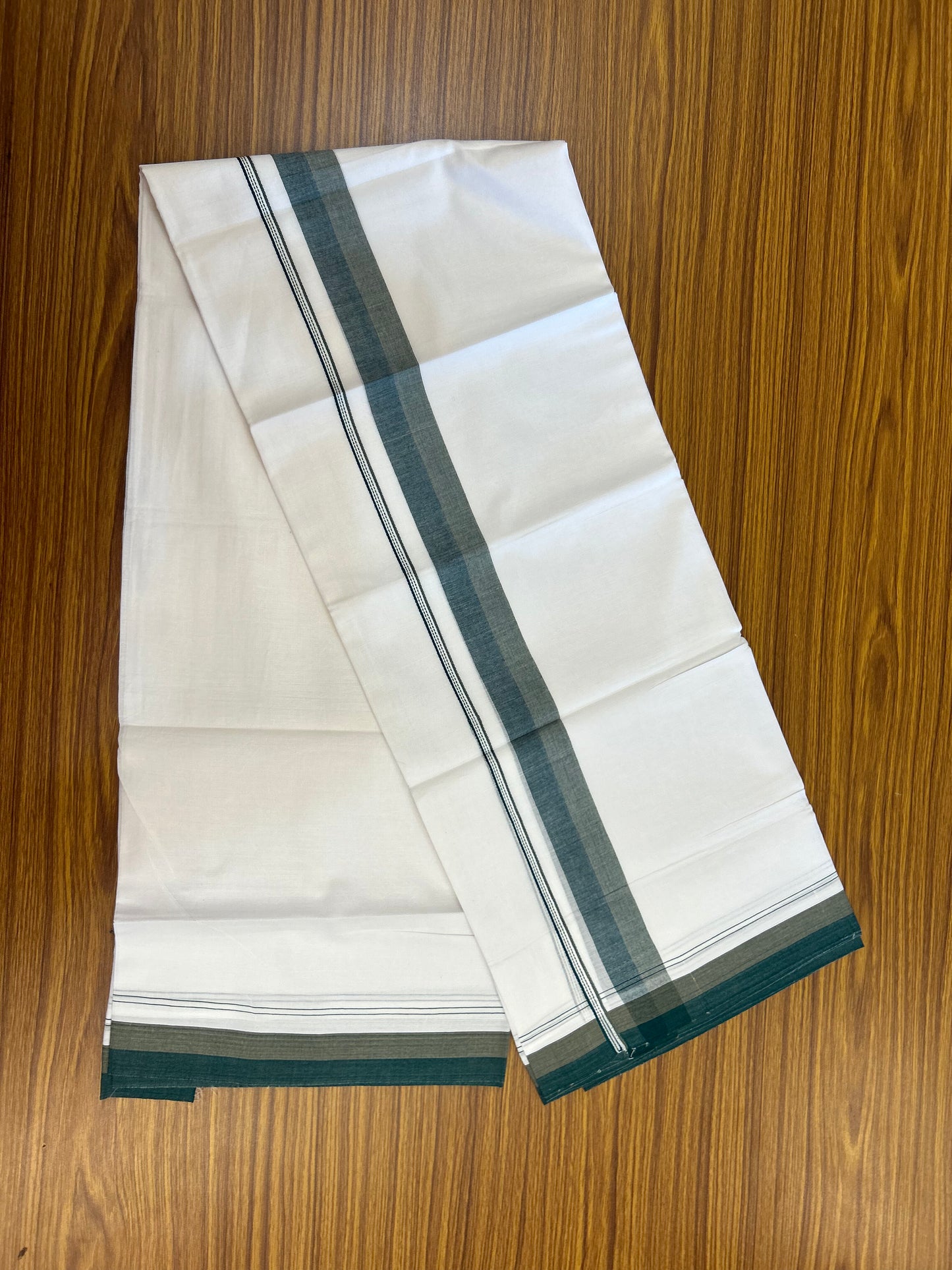 20% Discount! KaithariKada Balaramapuram 100% Cotton Double Pure white Mundu/Dhoti - 100X80 - 1.5 inch Khaki & Bottle Green shaded kara - 4 mtr ( 8.5 muzham) - 68 KK5371 VIN