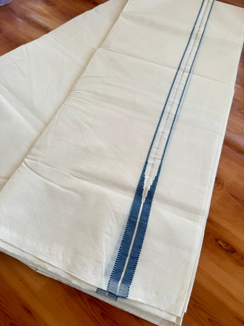 Double Off white Kerala Mundu / Dhoti - 20% Discount! KaithariKada 100% Cotton - 100x100 - Muthukuri Peacock Blue Chutty & Silver Kasav kara 4 mtr (8.5 muzham) - 4 KK5486 ASH