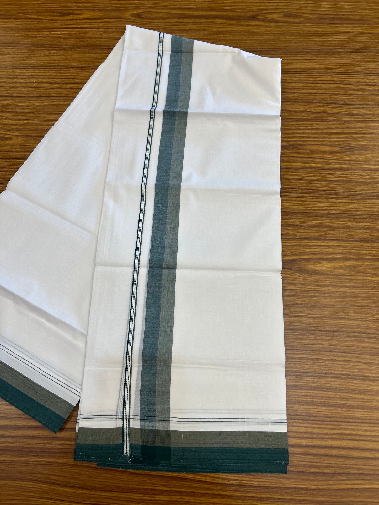 20% Discount! KaithariKada Balaramapuram 100% Cotton Double Pure white Mundu/Dhoti - 100X80 - 1.5 inch Khaki & Bottle Green shaded kara - 4 mtr ( 8.5 muzham) - 68 KK5371 VIN