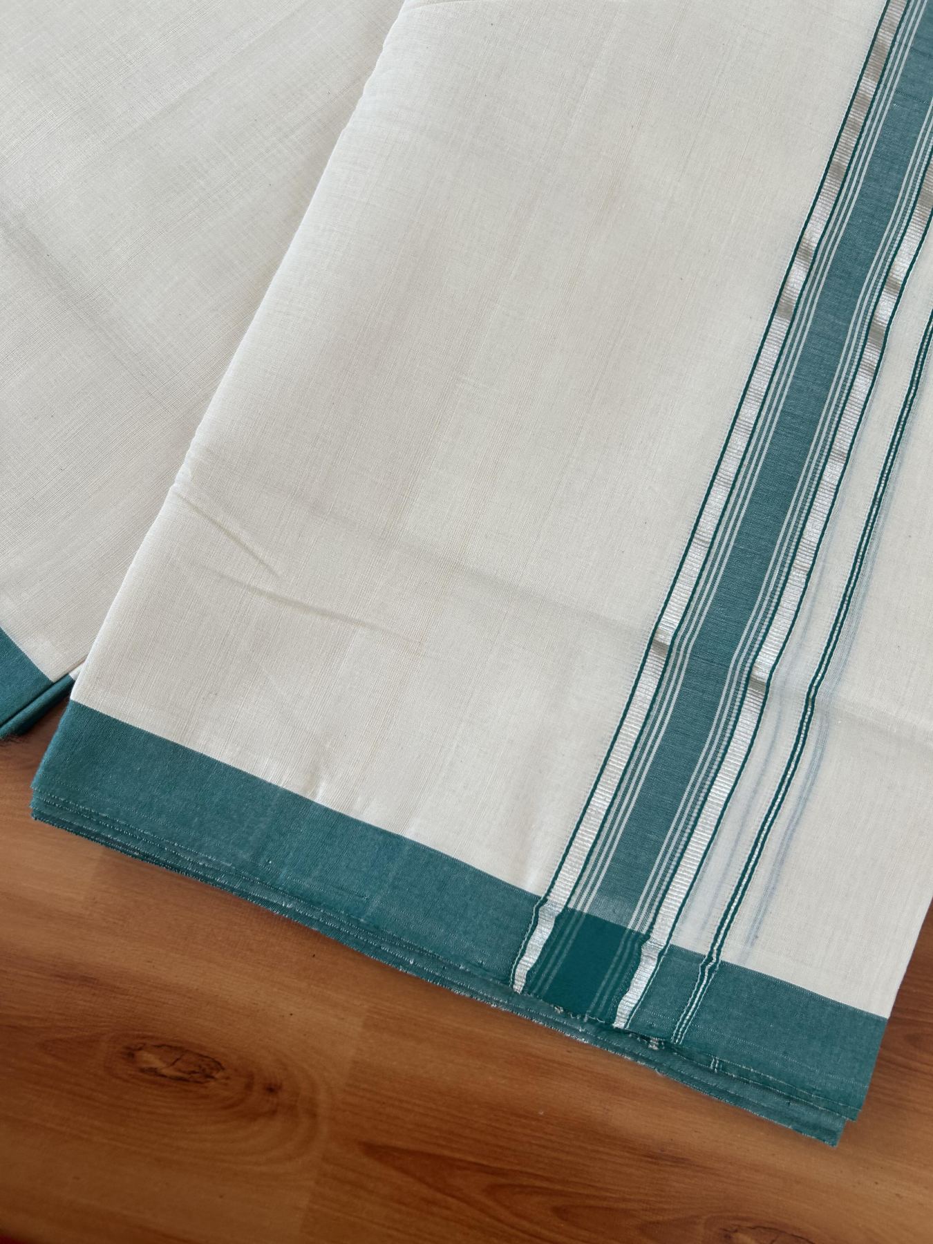 25% Discount ! KaithariKada Handloom Millpaav - Kerala Handloom - 100% Pure Cotton Off White (Unbleached) Double Mundu/Dhoti - 80x90 - 1.5 inch Silver Kasav & Teal Green Shaded Striped Kara 4 Meters (8.5 Muzham) - 37 KK5386 RAM