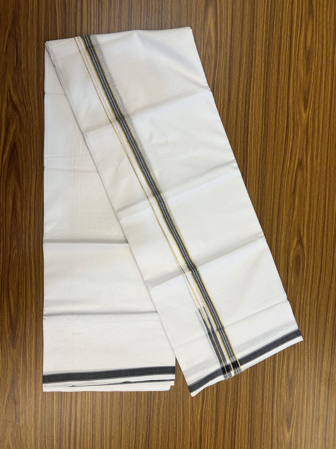 20% Discount!! Kaitharikada Balaramapuram 100% Pure Cotton Pure White Double Mundu/Dothi - 100x80 - 1.5 cm Black & Gold Kasav Puliyilakkara One Side Chutty Kara 3.90 m (8 muzham) - 16 KK5318 CKS
