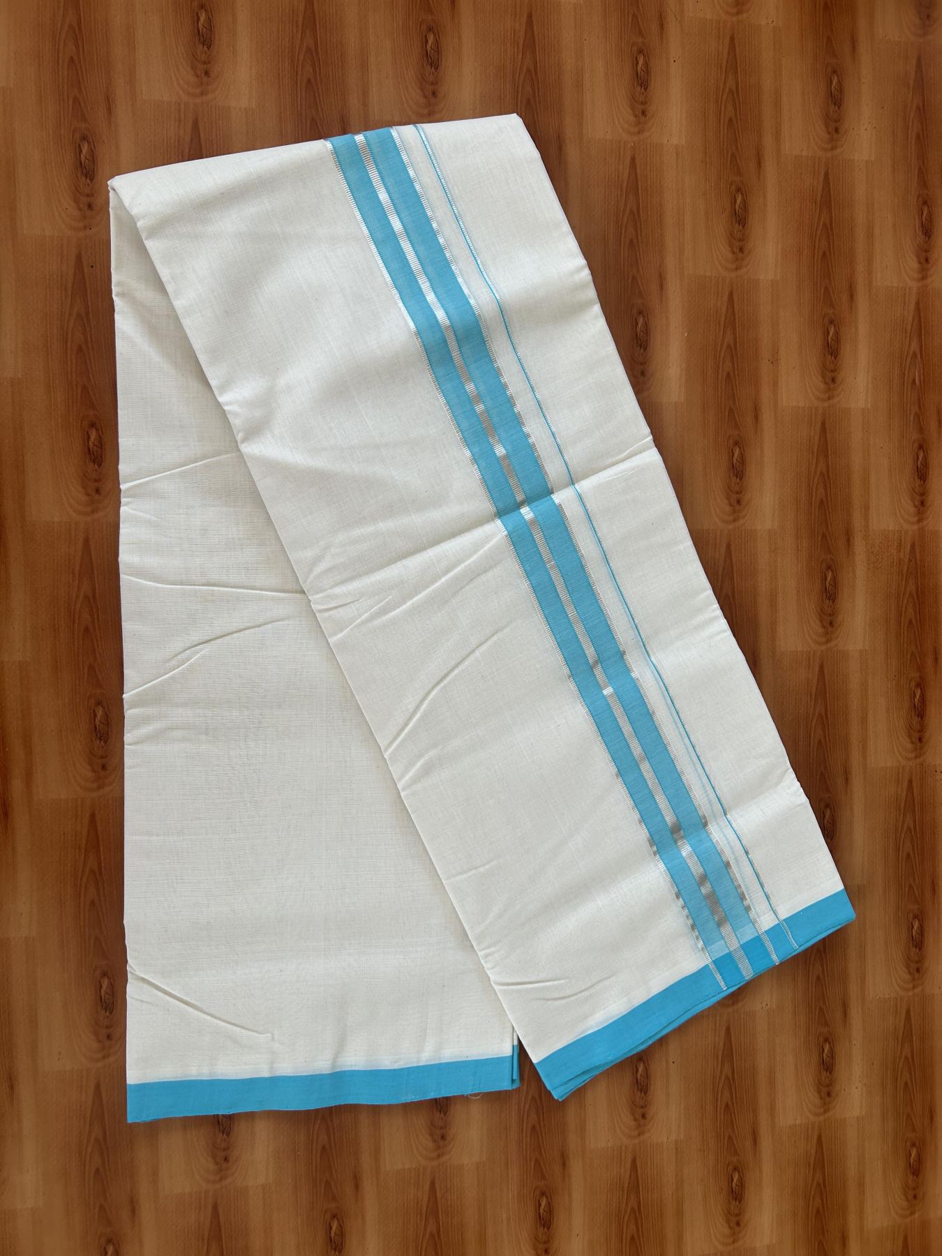 25% Discount ! KaithariKada Handloom Millpaav - Kerala Handloom - 100% Pure Cotton Off White (Unbleached) Double Mundu/Dhoti - 80x90 - 1.75 inch Silver Kasav & Deep Sky Blue Shaded Striped Kara 4 Meters (8.5 Muzham) - 36 KK5386 RAM