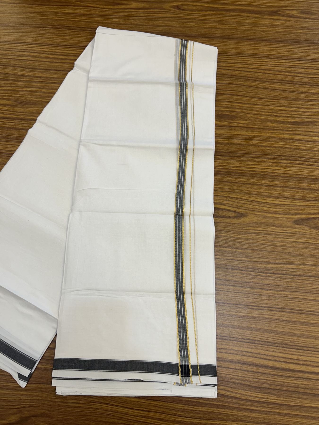 20% Discount!! Kaitharikada Balaramapuram 100% Pure Cotton Pure White Double Mundu/Dothi - 100x80 - 1.5 cm Black & Gold Kasav Puliyilakkara One Side Chutty Kara 3.90 m (8 muzham) - 16 KK5318 CKS