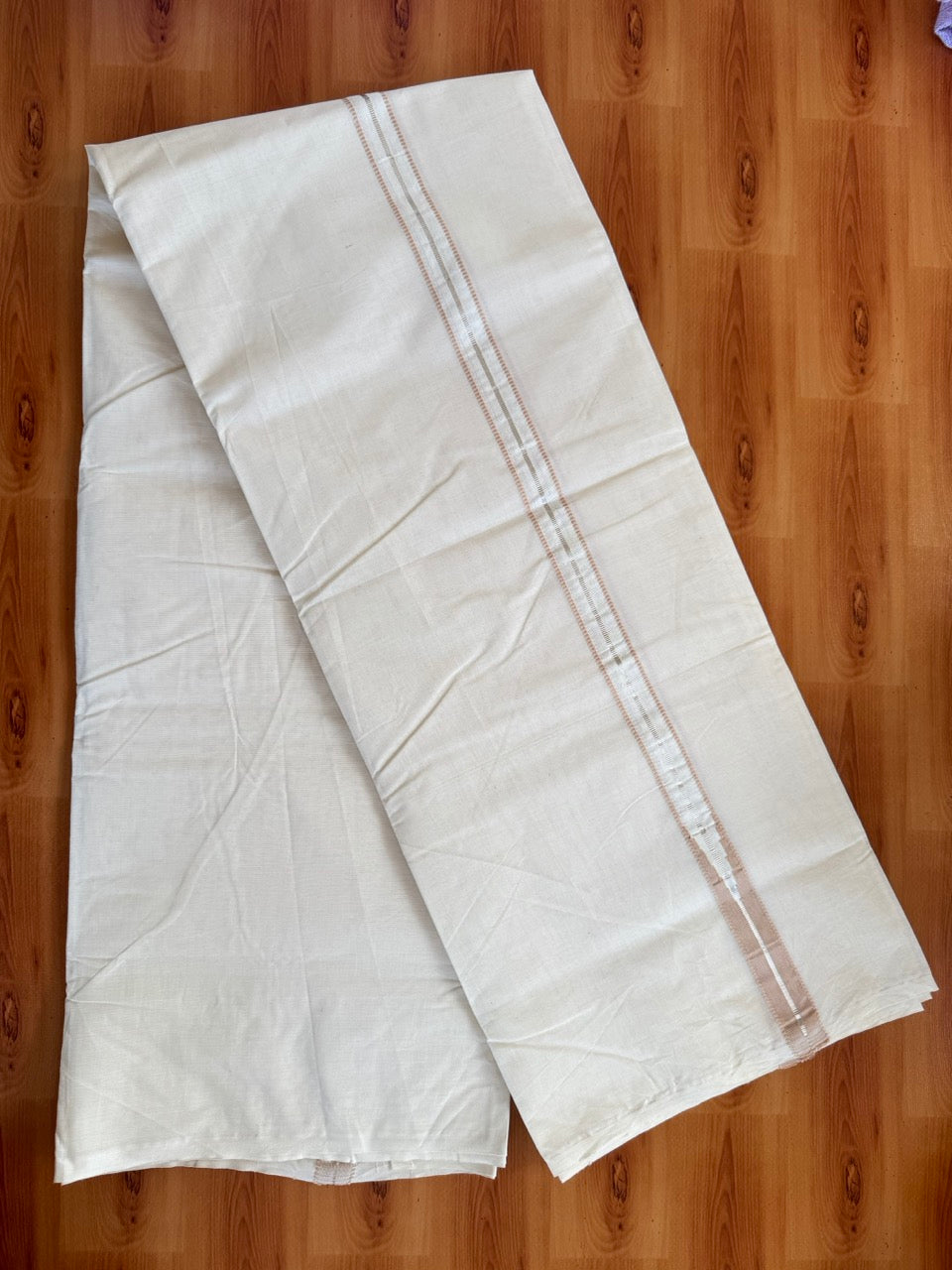Double Off white Kerala Mundu / Dhoti - 20% Discount! KaithariKada 100% Cotton - 100x100 - Muthukuri Cream Brown Chutty & Silver Kasav kara 4 mtr (8.5 muzham) - 5 KK5486 ASH