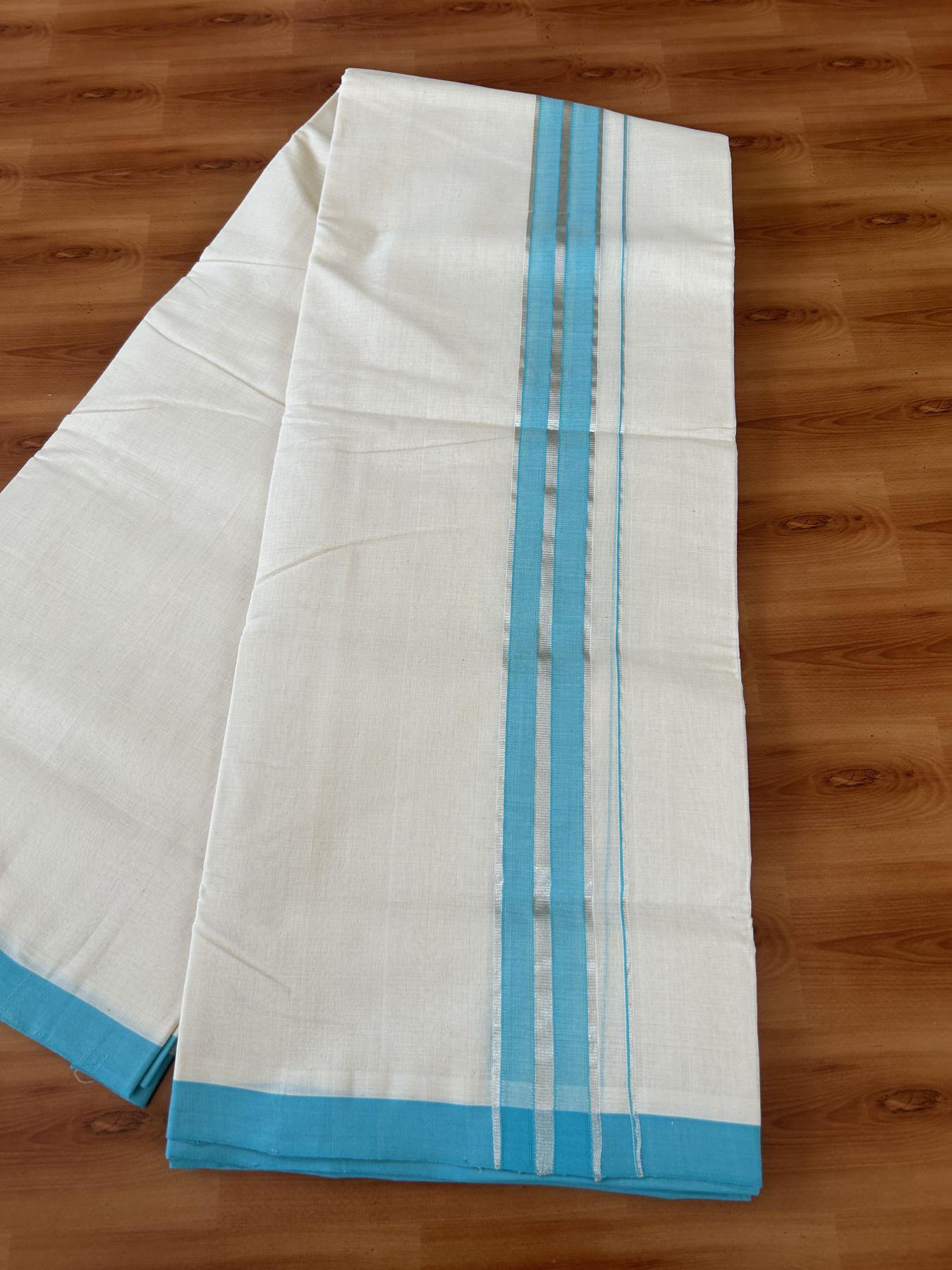 25% Discount ! KaithariKada Handloom Millpaav - Kerala Handloom - 100% Pure Cotton Off White (Unbleached) Double Mundu/Dhoti - 80x90 - 1.75 inch Silver Kasav & Deep Sky Blue Shaded Striped Kara 4 Meters (8.5 Muzham) - 36 KK5386 RAM