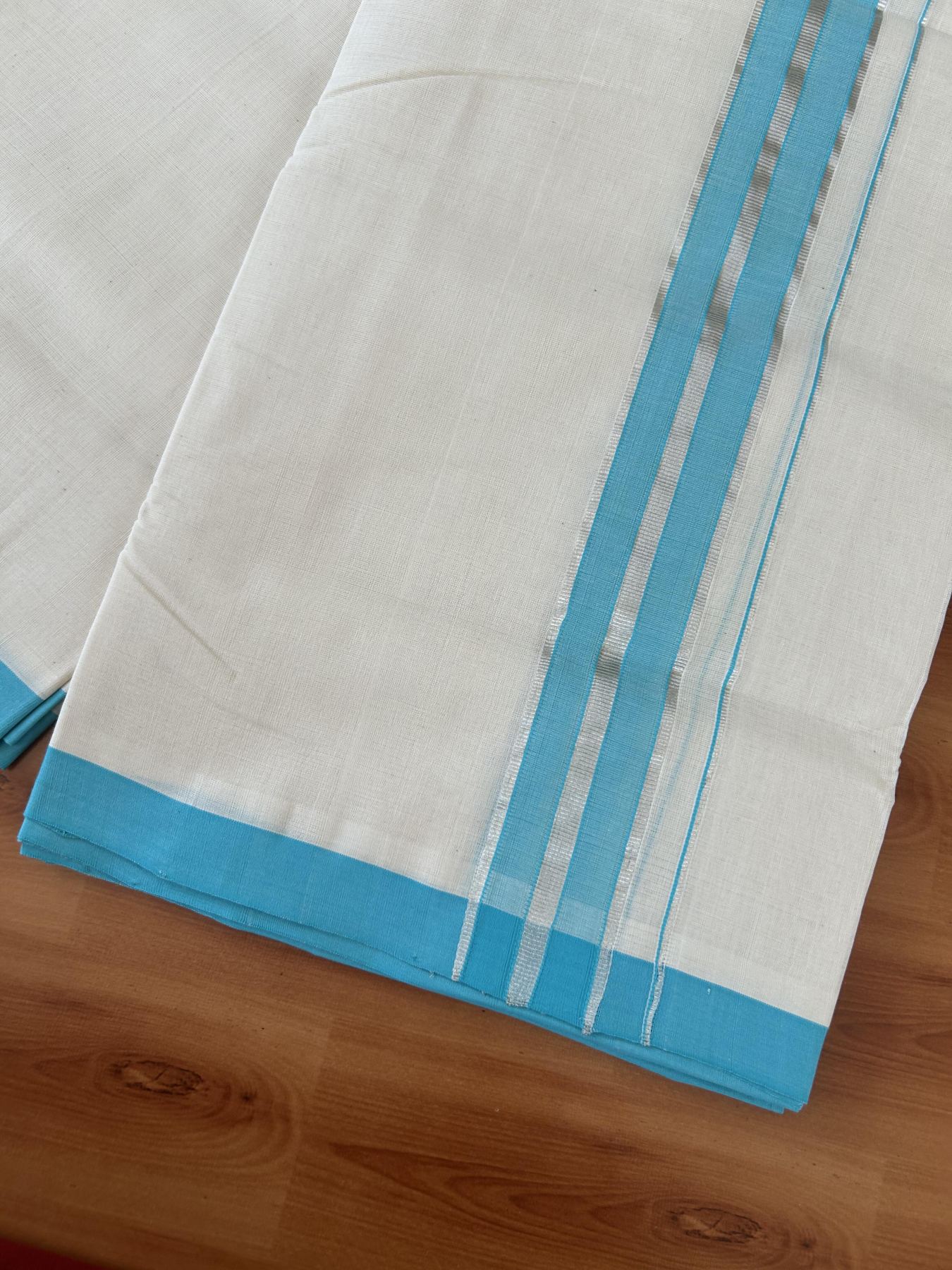 25% Discount ! KaithariKada Handloom Millpaav - Kerala Handloom - 100% Pure Cotton Off White (Unbleached) Double Mundu/Dhoti - 80x90 - 1.75 inch Silver Kasav & Deep Sky Blue Shaded Striped Kara 4 Meters (8.5 Muzham) - 36 KK5386 RAM