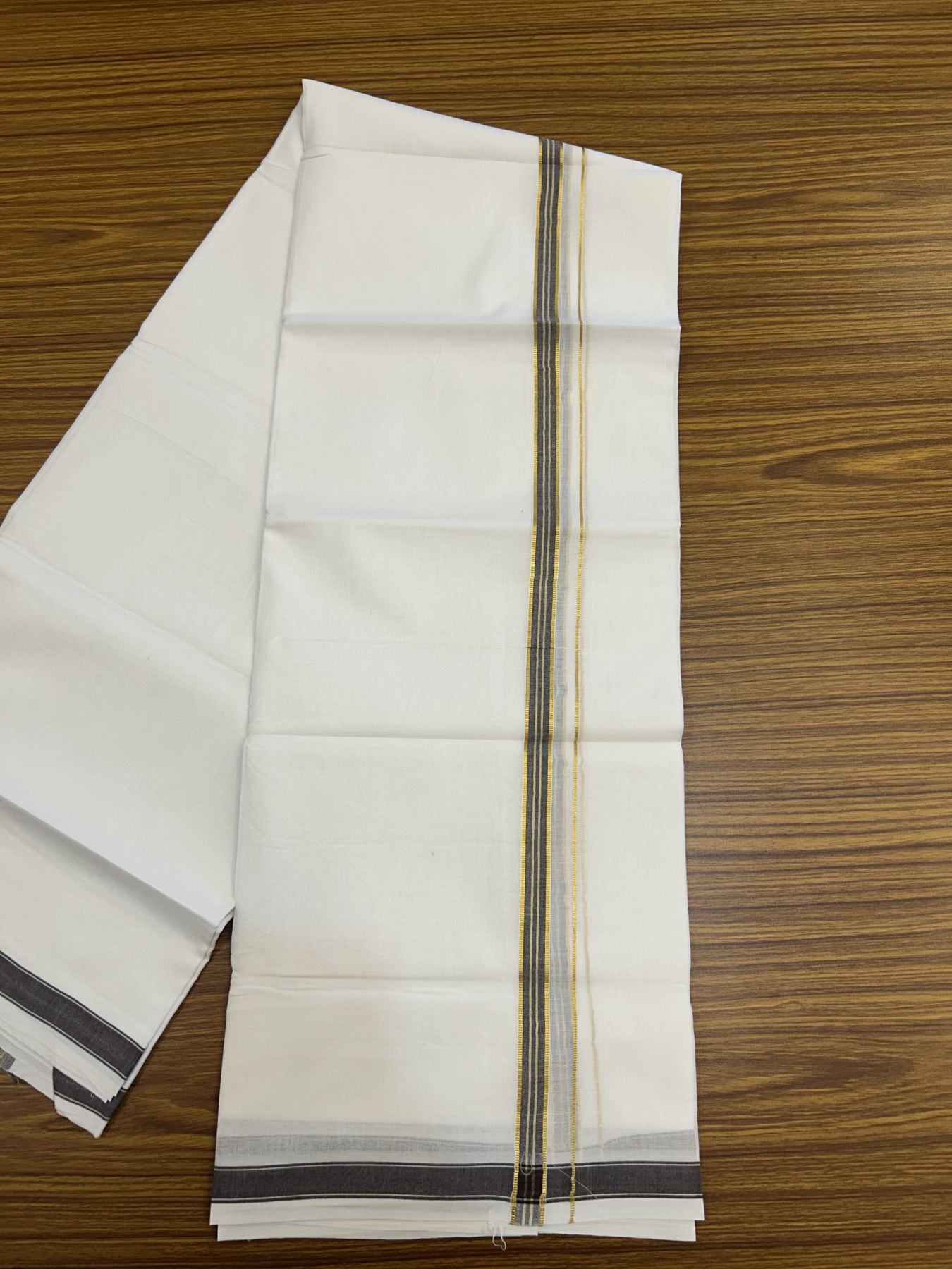 20% Discount!! Kaitharikada Balaramapuram 100% Pure Cotton Pure White Double Mundu/Dothi - 100x80 - 1.5 cm Brown & Gold Kasav Puliyilakkara One Side Chutty Kara 3.90 m (8 muzham) - 17 KK5318 CKS