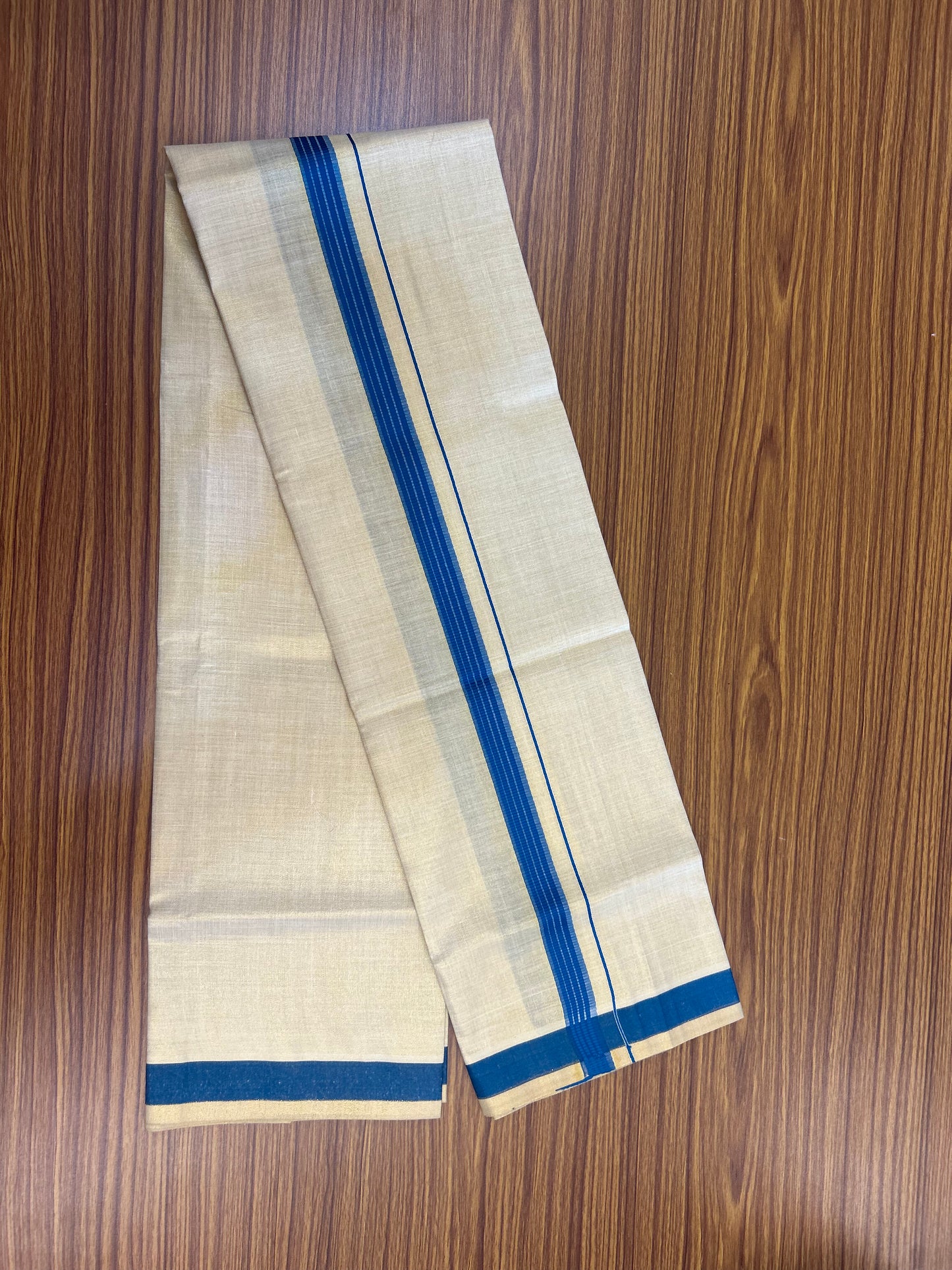 Single Tissue - KaithariKada Balaramapuram Tissue Single Dhoti/Mund Mixed Cotton - 70x30 - 1.75 inch Gold Kasav & Blue Stripes Kara (2 meter / 4 muzham)  - 3 KK8052 PMC