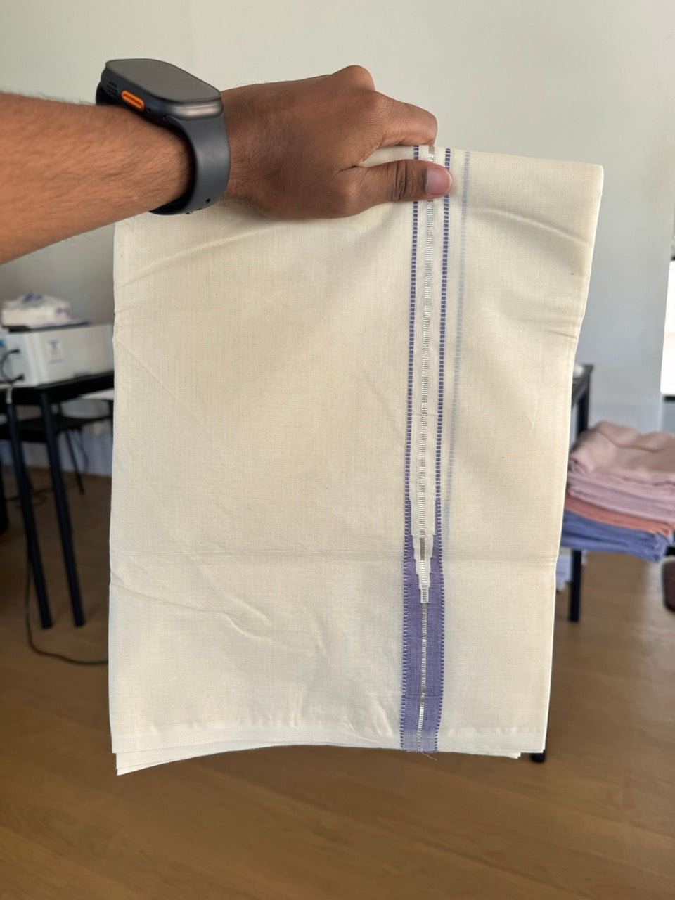Double Off white Kerala Mundu / Dhoti - 20% Discount! KaithariKada 100% Cotton - 100x100 - Muthukuri Lavender Violet Chutty & Silver Kasav kara 4 mtr (8.5 muzham) - 7 KK5486 ASH