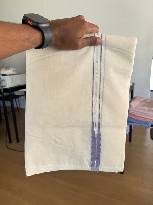 Double Off white Kerala Mundu / Dhoti - 20% Discount! KaithariKada 100% Cotton - 100x100 - Muthukuri Lavender Violet Chutty & Silver Kasav kara 4 mtr (8.5 muzham) - 7 KK5486 ASH