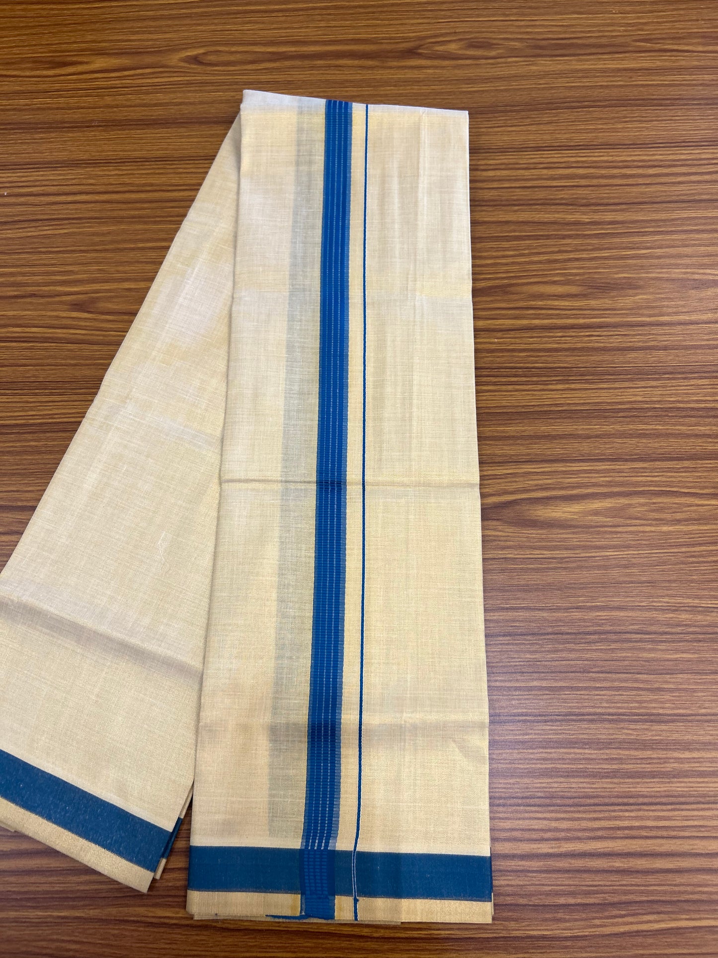 Single Tissue - KaithariKada Balaramapuram Tissue Single Dhoti/Mund Mixed Cotton - 70x30 - 1.75 inch Gold Kasav & Blue Stripes Kara (2 meter / 4 muzham)  - 3 KK8052 PMC