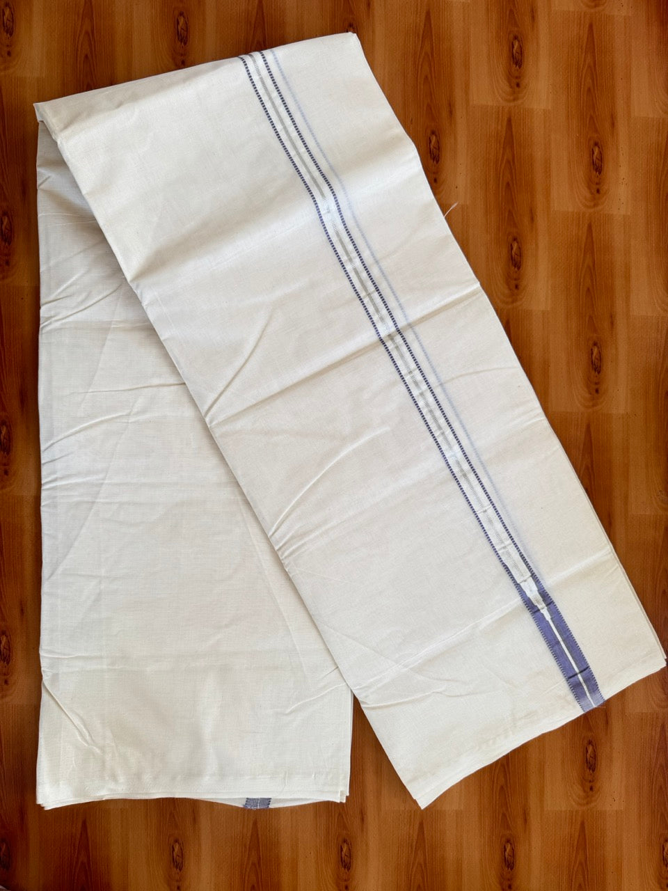 Double Off white Kerala Mundu / Dhoti - 20% Discount! KaithariKada 100% Cotton - 100x100 - Muthukuri Lavender Violet Chutty & Silver Kasav kara 4 mtr (8.5 muzham) - 7 KK5486 ASH