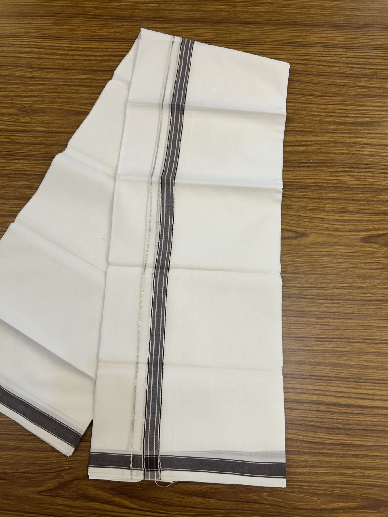 20% Discount!! Kaitharikada Balaramapuram 100% Pure Cotton Pure White Double Mundu/Dothi - 100x80 - 1.5 cm Brown & Silver Kasav Puliyilakkara One Side Chutty Kara 3.90 m (8 muzham) -14 KK5318 CKS
