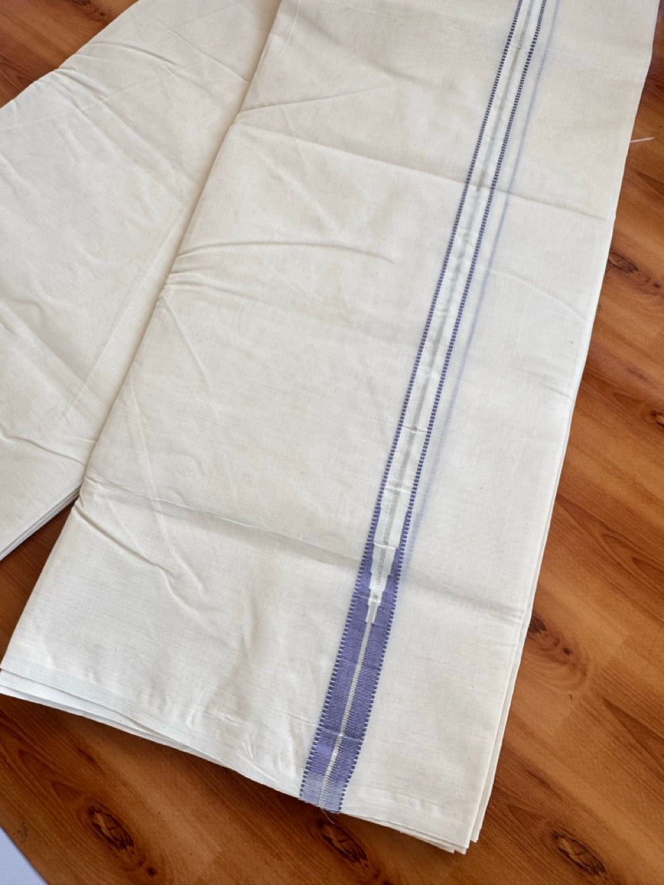 Double Off white Kerala Mundu / Dhoti - 20% Discount! KaithariKada 100% Cotton - 100x100 - Muthukuri Lavender Violet Chutty & Silver Kasav kara 4 mtr (8.5 muzham) - 7 KK5486 ASH