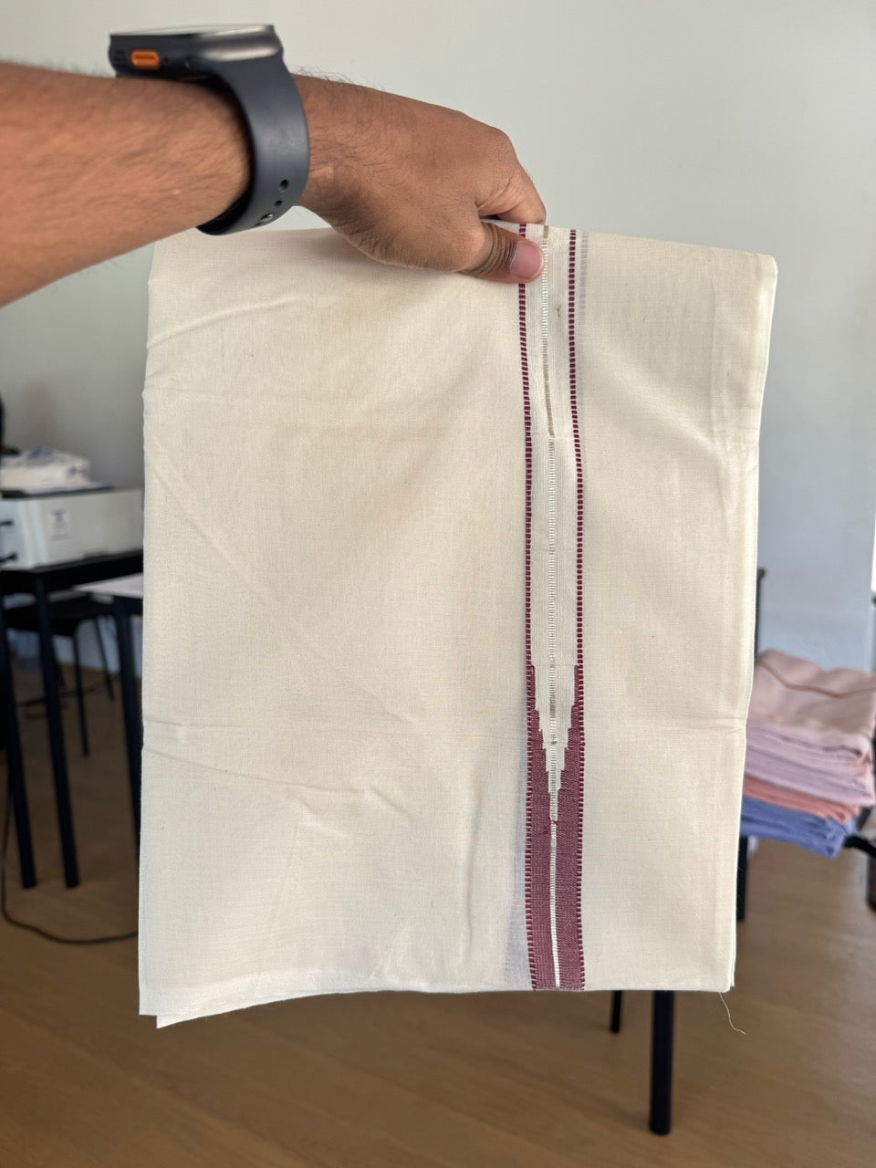 Double Off white Kerala Mundu / Dhoti - 20% Discount! KaithariKada 100% Cotton - 100x100 - Muthukuri Maroon Chutty & Silver Kasav kara 4 mtr (8.5 muzham) - 9 KK5486 ASH