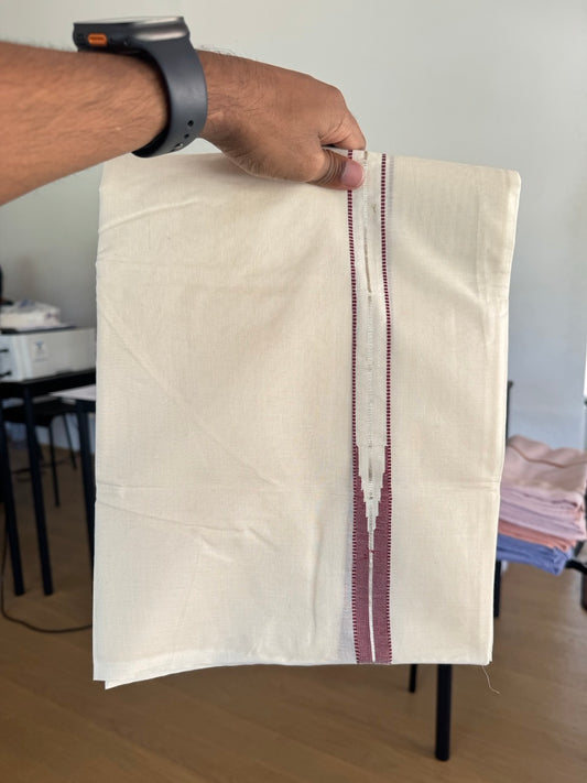 Double Off white Kerala Mundu / Dhoti - 20% Discount! KaithariKada 100% Cotton - 100x100 - Muthukuri Maroon Chutty & Silver Kasav kara 4 mtr (8.5 muzham) - 9 KK5486 ASH