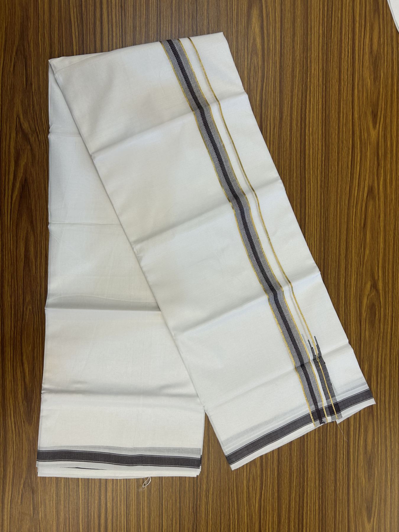 20% Discount!! Kaitharikada Balaramapuram 100% Pure Cotton Pure White Double Mundu/Dothi - 100x80 - 1.5 cm Brown & Gold Kasav Shaded Puliyilakkara One Side Chutty Kara 3.90 m (8 muzham) - 19 KK5318 CKS