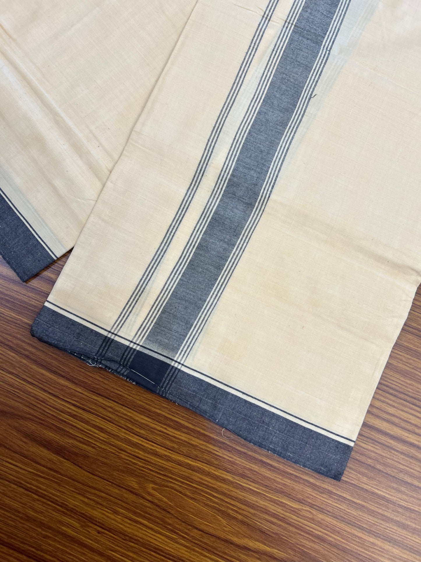 Kannur Kavi Dhoti - Kerala Handloom - Signature Kaitharikada - 16% Discount! - 100% Pure Cotton - (80X80) Twisted Thread Handloom Single Mundu/Dhoti - 80X80 - Kannur Light Yellow Colour Body & Black stripes 1.75 inch Kara- 5 KK8052 KAI