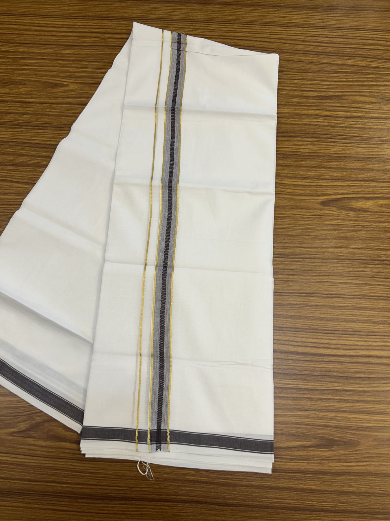 20% Discount!! Kaitharikada Balaramapuram 100% Pure Cotton Pure White Double Mundu/Dothi - 100x80 - 1.5 cm Brown & Gold Kasav Shaded Puliyilakkara One Side Chutty Kara 3.90 m (8 muzham) - 19 KK5318 CKS