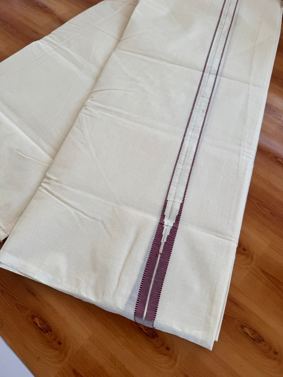 Double Off white Kerala Mundu / Dhoti - 20% Discount! KaithariKada 100% Cotton - 100x100 - Muthukuri Maroon Chutty & Silver Kasav kara 4 mtr (8.5 muzham) - 9 KK5486 ASH