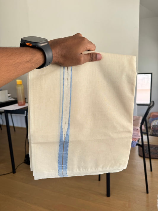 Double Off white Kerala Mundu / Dhoti - 20% Discount! KaithariKada 100% Cotton - 100x100 - Muthukuri Sky Blue Chutty & Silver Kasav kara 4 mtr (8.5 muzham) - 10 KK5486 ASH