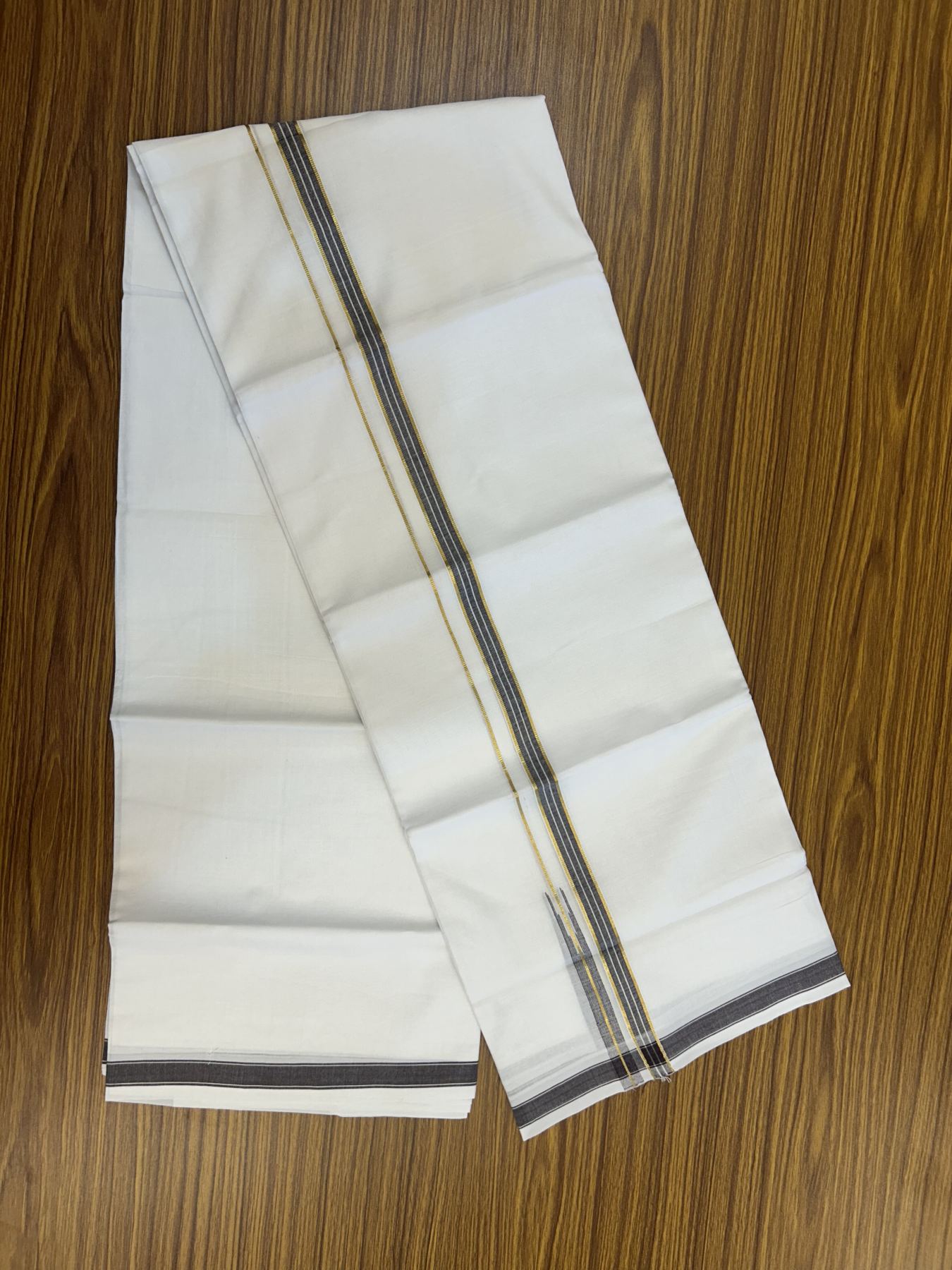 20% Discount!! Kaitharikada Balaramapuram 100% Pure Cotton Pure White Double Mundu/Dothi - 100x80 - 1.5 cm Brown & Gold Kasav Puliyilakkara One Side Chutty Kara 3.90 m (8 muzham) - 18 KK5318 CKS
