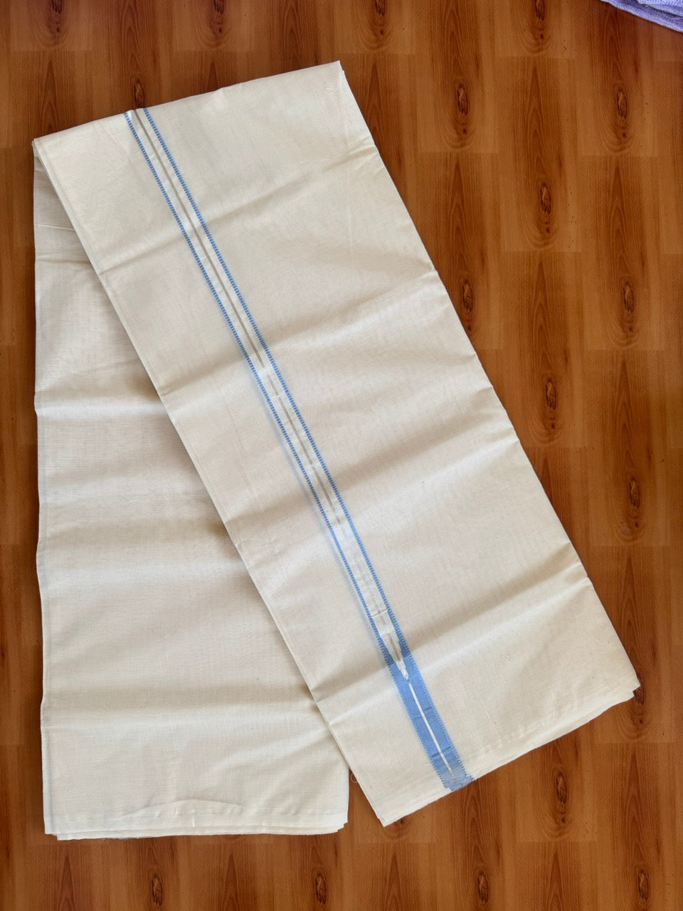 Double Off white Kerala Mundu / Dhoti - 20% Discount! KaithariKada 100% Cotton - 100x100 - Muthukuri Sky Blue Chutty & Silver Kasav kara 4 mtr (8.5 muzham) - 10 KK5486 ASH
