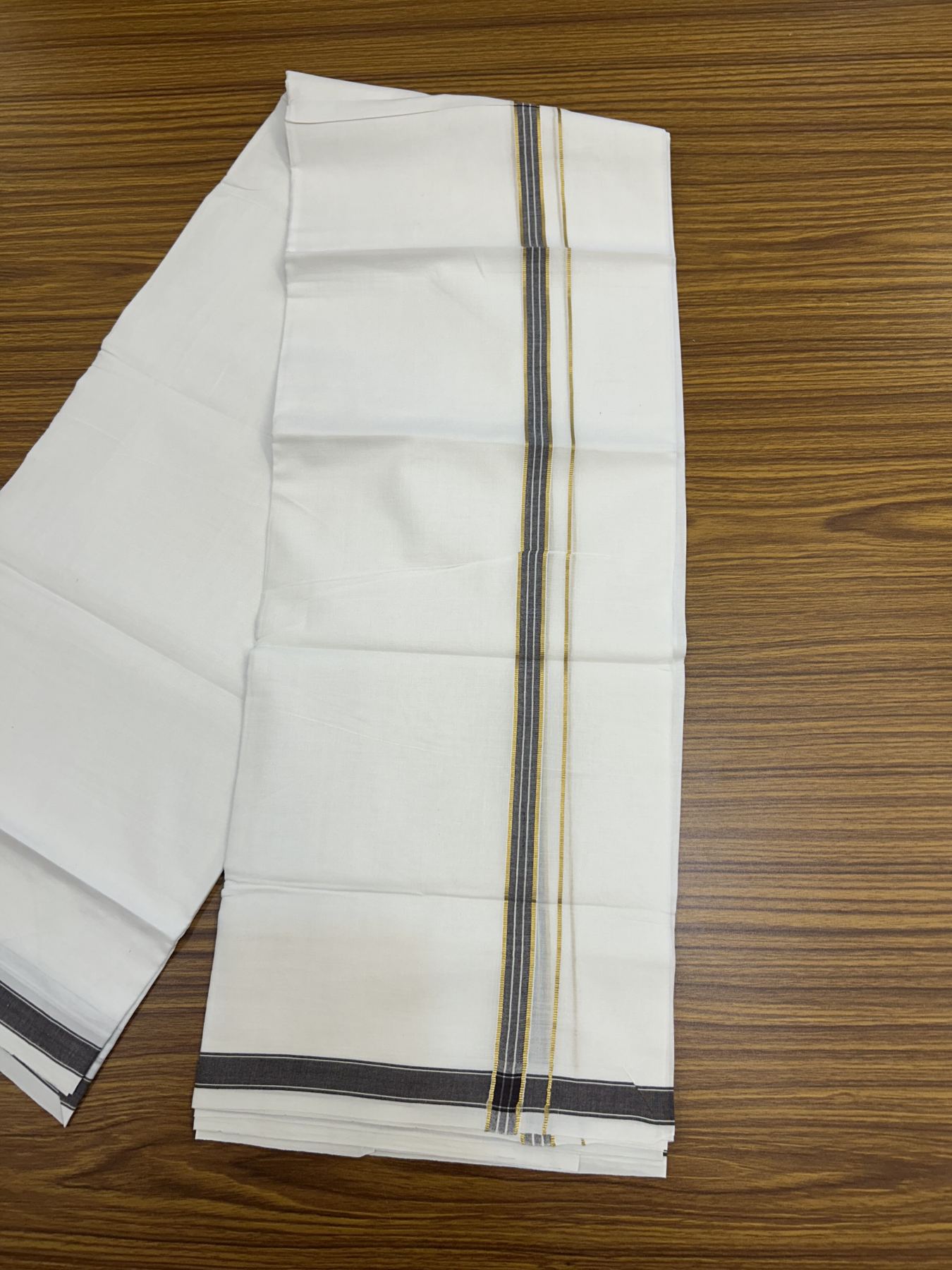 20% Discount!! Kaitharikada Balaramapuram 100% Pure Cotton Pure White Double Mundu/Dothi - 100x80 - 1.5 cm Brown & Gold Kasav Puliyilakkara One Side Chutty Kara 3.90 m (8 muzham) - 18 KK5318 CKS