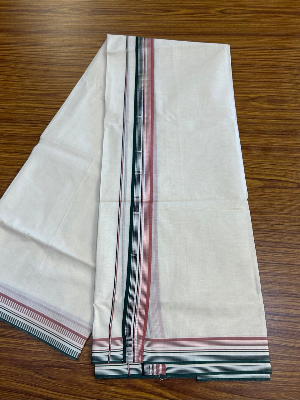 20% Discount ! KaithariKada Balaramapuram 100% Cotton Double OFF WHITE (unbleached) Mundu/Dhoti- 100x80- 1.5 inch Silver Kasavu Green & Dusty Pink Striped Kara 4 mtr (8.5 muzham) - 54 KK5251 PMC