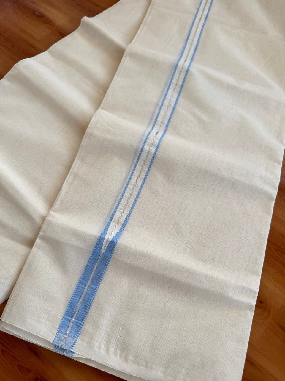 Double Off white Kerala Mundu / Dhoti - 20% Discount! KaithariKada 100% Cotton - 100x100 - Muthukuri Sky Blue Chutty & Silver Kasav kara 4 mtr (8.5 muzham) - 10 KK5486 ASH