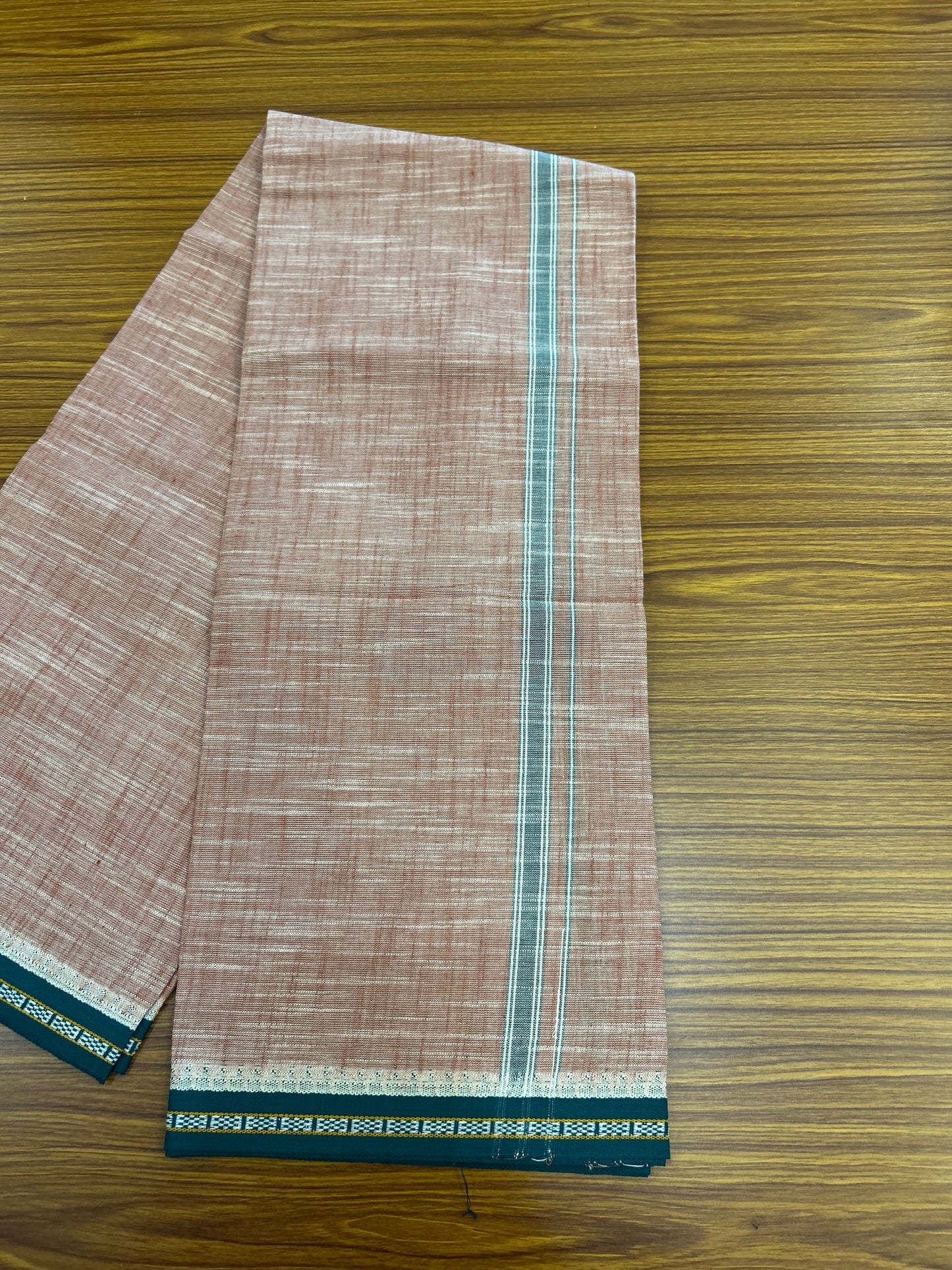 Premium Kathar Type Mund Pure cotton - Kaitharikada - Single Kaily / Lungi - 0.75 inch Green White Kara and Green kuppadam Border with Peach White Shaded colour body  (2 meter / 4 muzham)- 16 KK8052 MUT