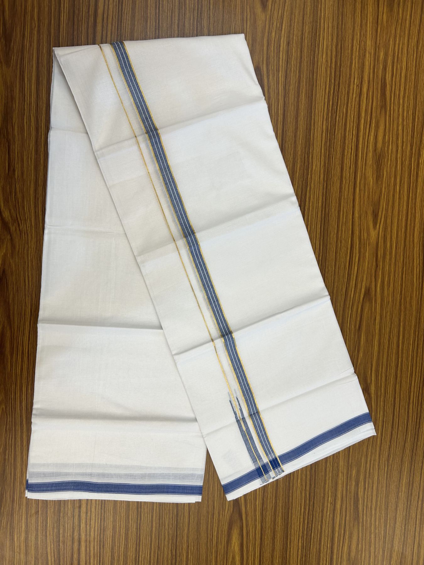 20% Discount!! Kaitharikada Balaramapuram 100% Pure Cotton Pure White Double Mundu/Dothi - 100x80 - 1.5 cm Blue & Gold Kasav Shaded Puliyilakkara One Side Chutty Kara 3.90 m (8 muzham) - 21 KK5318 CKS