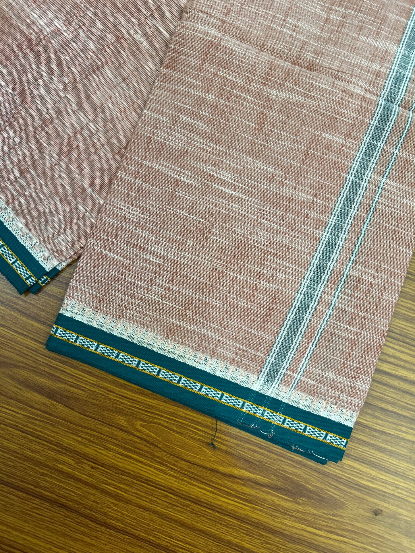 Premium Kathar Type Mund Pure cotton - Kaitharikada - Single Kaily / Lungi - 0.75 inch Green White Kara and Green kuppadam Border with Peach White Shaded colour body  (2 meter / 4 muzham)- 16 KK8052 MUT