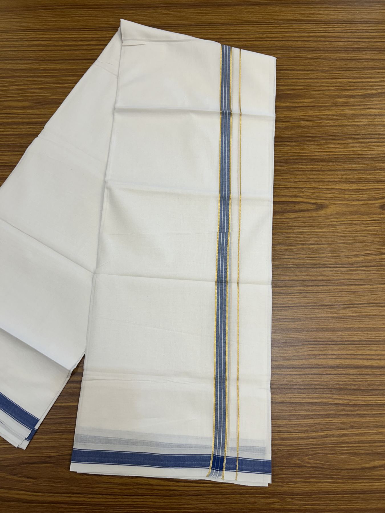 20% Discount!! Kaitharikada Balaramapuram 100% Pure Cotton Pure White Double Mundu/Dothi - 100x80 - 1.5 cm Blue & Gold Kasav Shaded Puliyilakkara One Side Chutty Kara 3.90 m (8 muzham) - 21 KK5318 CKS