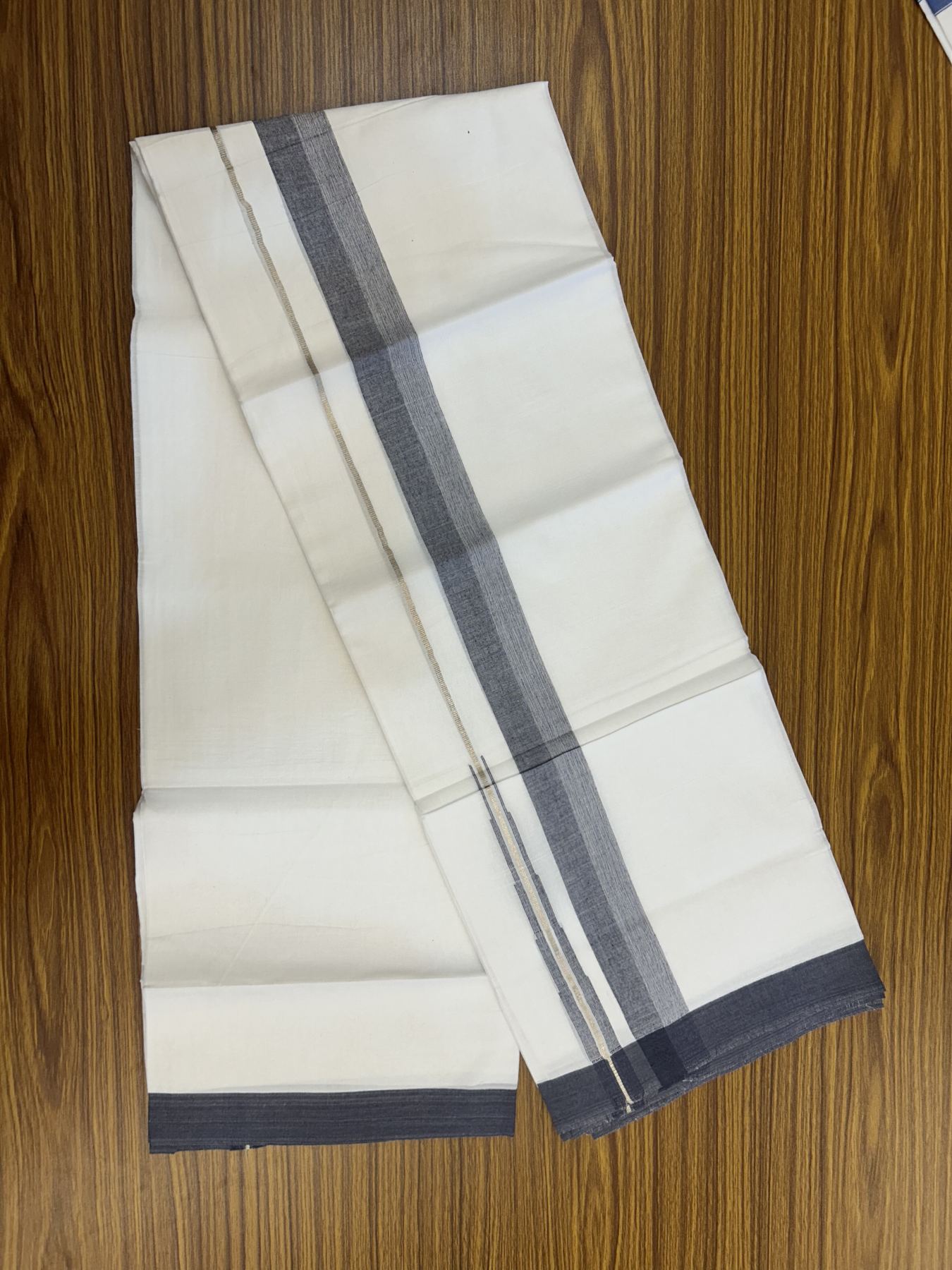 20% Discount ! Kaitharikada Balaramapuram 100% Pure Cotton Double Pure White Mundu/Dhoti - 100x80 - 1.5 inch Silver Kasav & Ash Blue Striped Shaded Chutty 3.90 mtr (8 muzham) - 12 KK5318 PMC