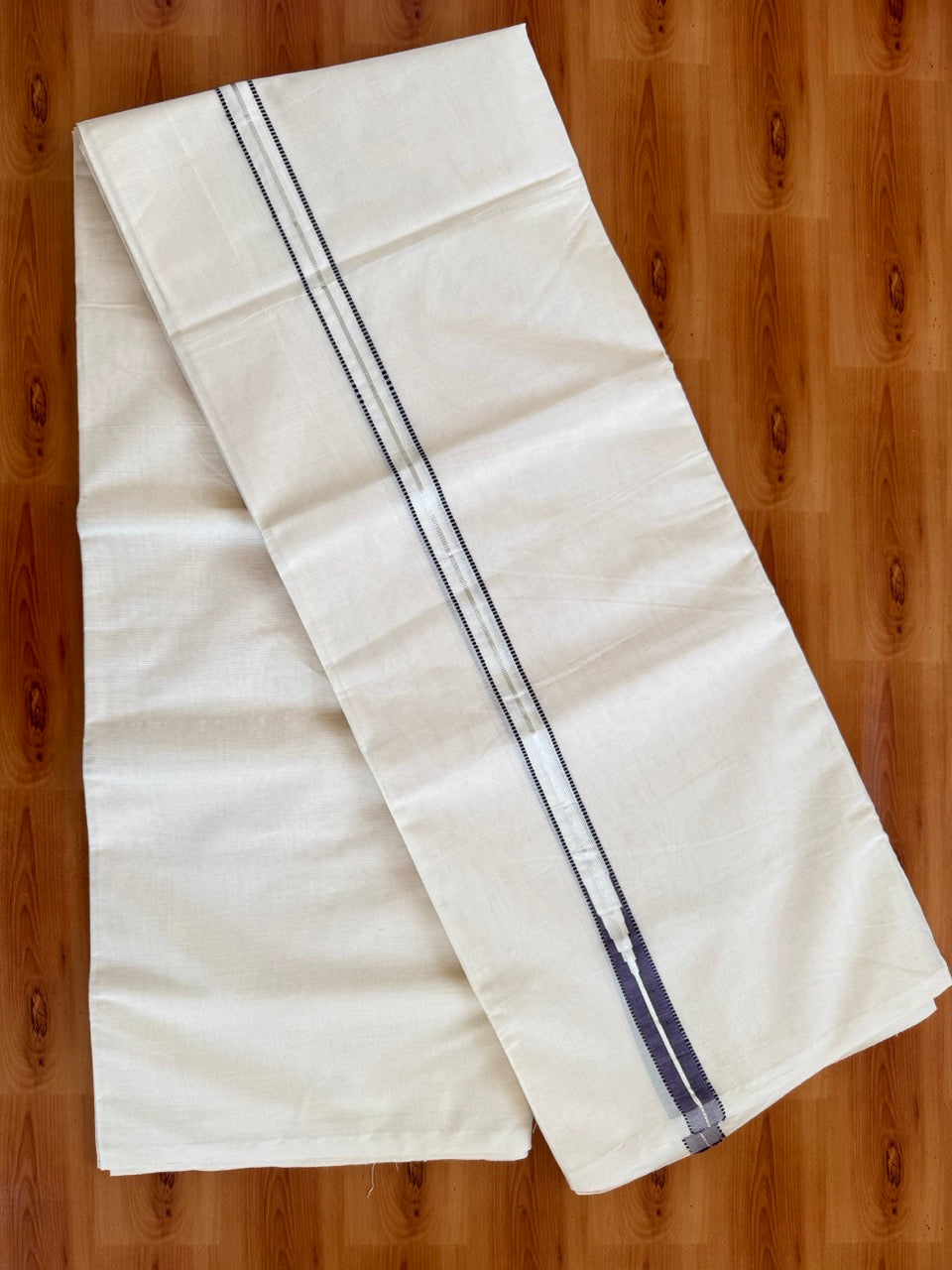 Double Off white Kerala Mundu / Dhoti - 20% Discount! KaithariKada 100% Cotton - 100x100 - Muthukuri Dark Violet Chutty & Silver Kasav kara 4 mtr (8.5 muzham) - 12 KK5486 ASH