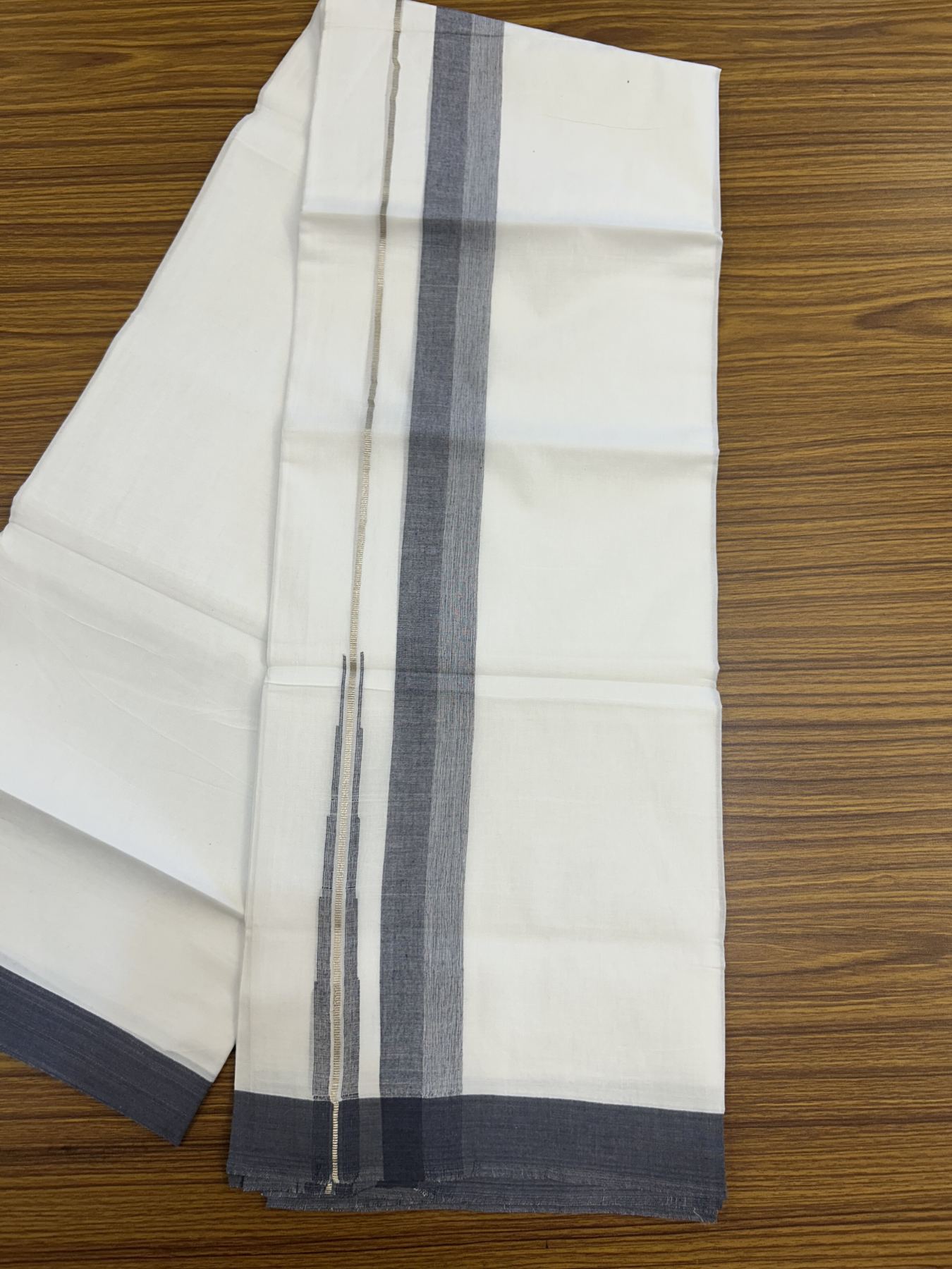 20% Discount ! Kaitharikada Balaramapuram 100% Pure Cotton Double Pure White Mundu/Dhoti - 100x80 - 1.5 inch Silver Kasav & Ash Blue Striped Shaded Chutty 3.90 mtr (8 muzham) - 12 KK5318 PMC