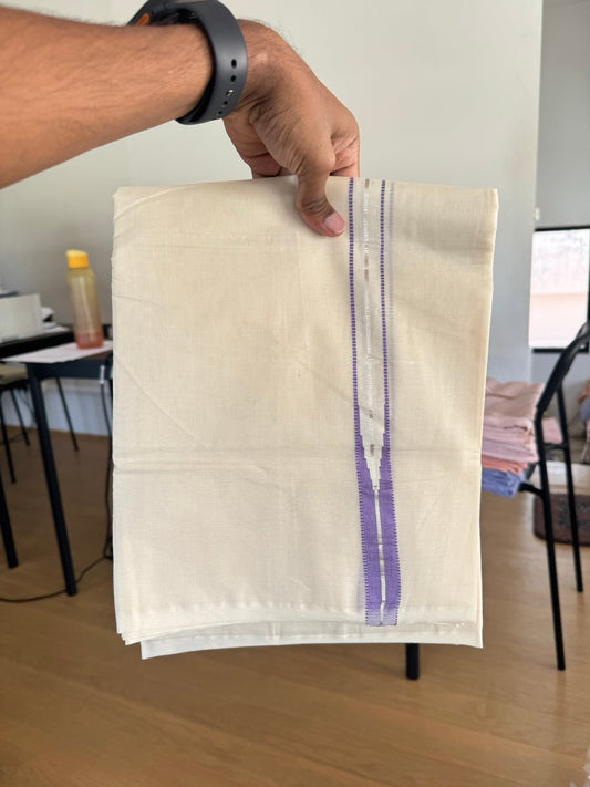 Double Off white Kerala Mundu / Dhoti - 20% Discount! KaithariKada 100% Cotton - 100x100 - Muthukuri Lavender Violet Chutty & Silver Kasav kara 4 mtr (8.5 muzham) - 8 KK5486 ASH