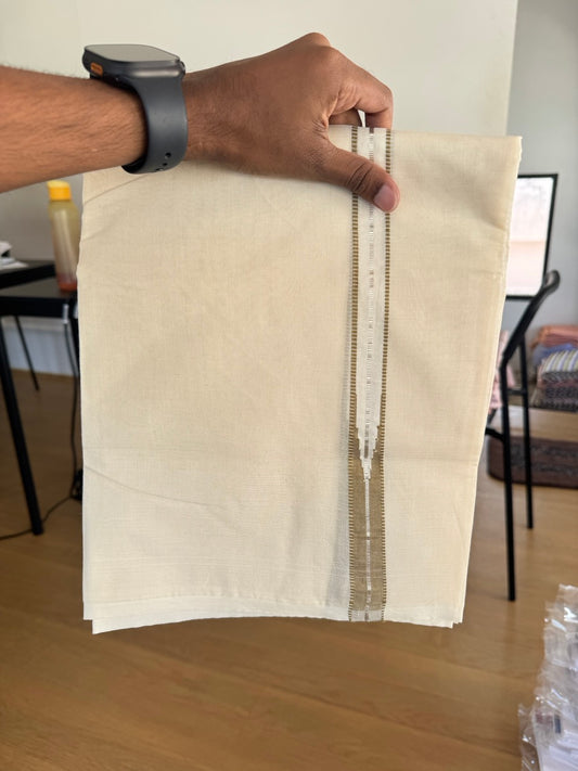 Double Off white Kerala Mundu / Dhoti - 20% Discount! KaithariKada 100% Cotton - 100x100 - Muthukuri Sage Green Chutty & Silver Kasav kara 4 mtr (8.5 muzham) - 13 KK5486 ASH
