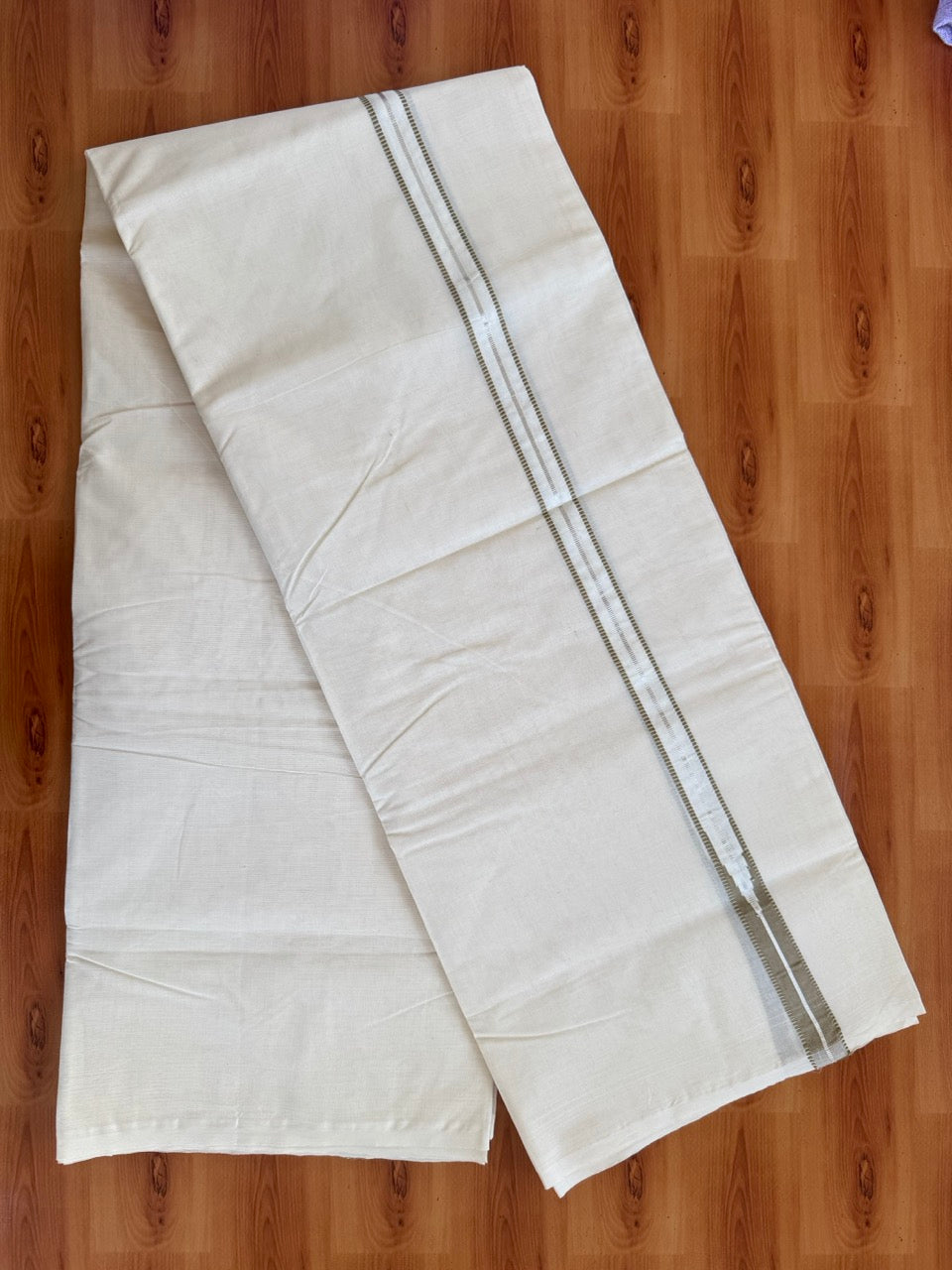 Double Off white Kerala Mundu / Dhoti - 20% Discount! KaithariKada 100% Cotton - 100x100 - Muthukuri Sage Green Chutty & Silver Kasav kara 4 mtr (8.5 muzham) - 13 KK5486 ASH