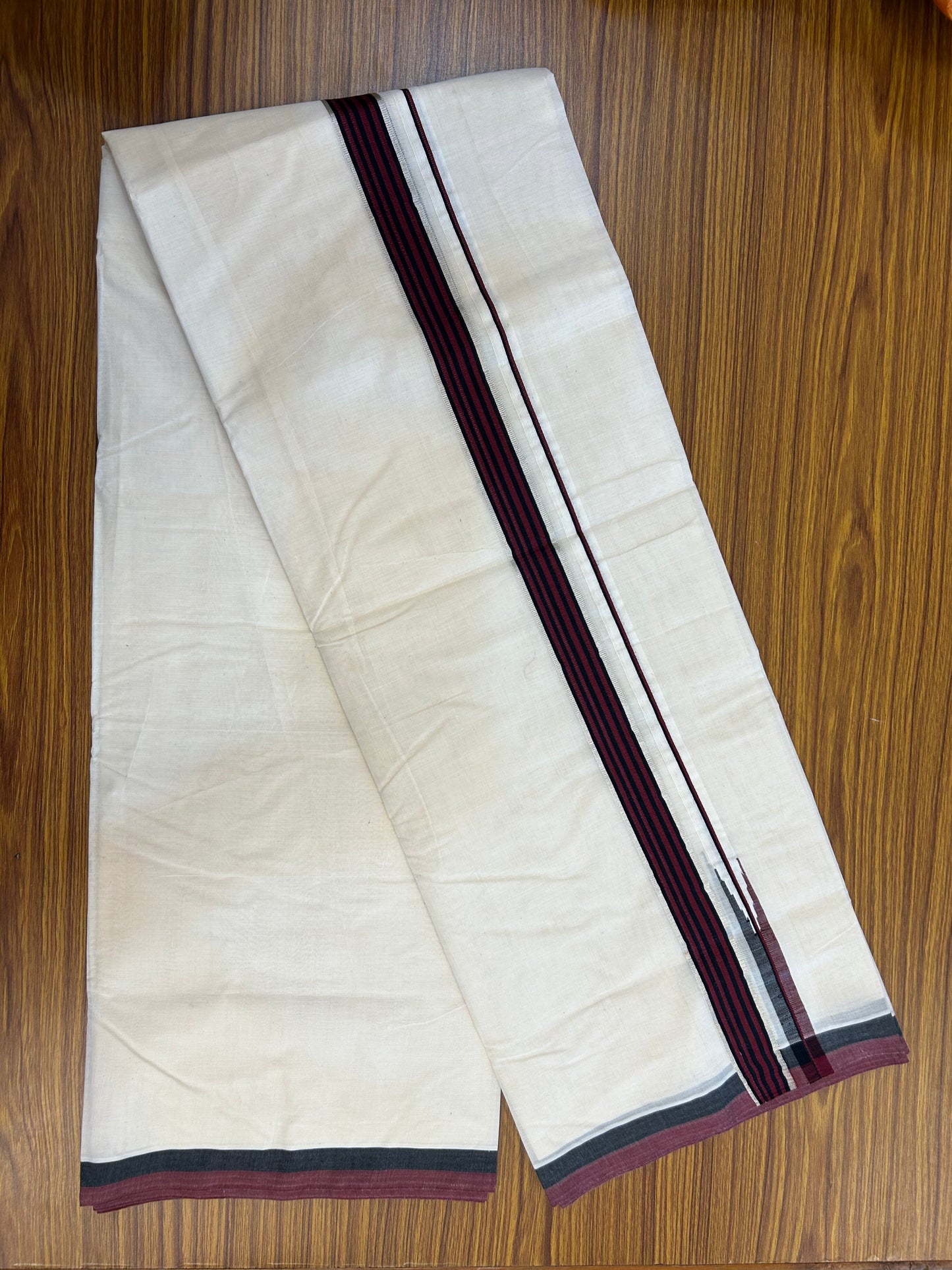 Dmk Veshti - 20% Discount !! KaithariKada Balaramapuram Double Off White - (Unbleached) Mundu/Dhoti - 100X100 - 1.25 inch Puliyilakkara Silver Kasav Maroon & Black Striped Chutty Kara 4 meters (8.5 Muzham) - 2 KK5351 ASH