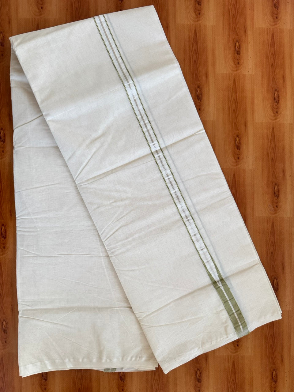 Double Off white Kerala Mundu / Dhoti - 20% Discount! KaithariKada 100% Cotton - 100x100 - Muthukuri Pista Green Chutty & Silver Kasav kara 4 mtr (8.5 muzham) - 14 KK5486 ASH