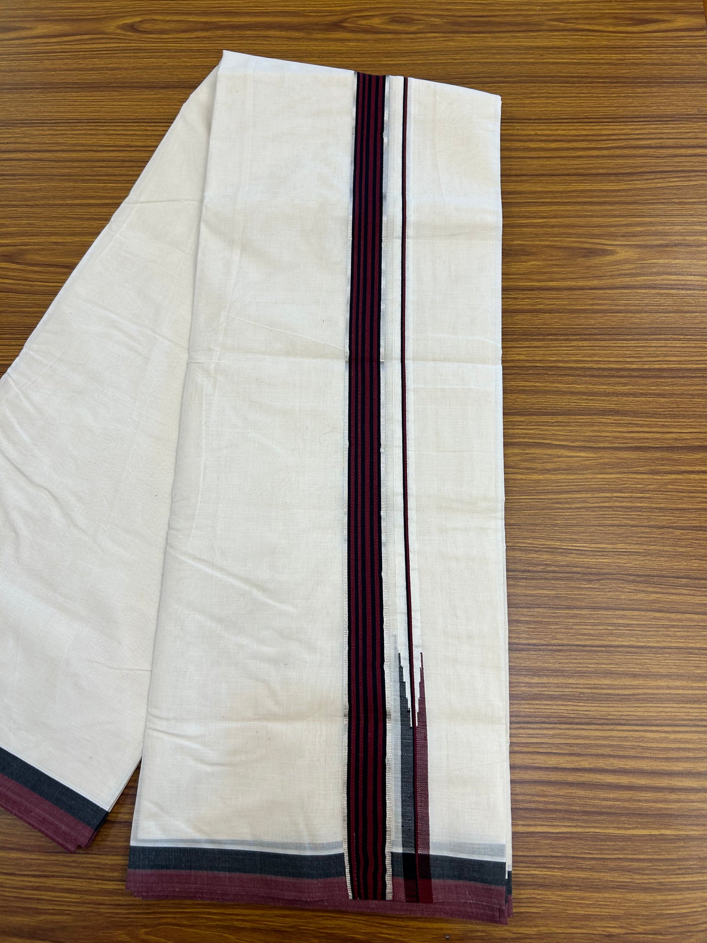 Dmk Veshti - 20% Discount !! KaithariKada Balaramapuram Double Off White - (Unbleached) Mundu/Dhoti - 100X100 - 1.25 inch Puliyilakkara Silver Kasav Maroon & Black Striped Chutty Kara 4 meters (8.5 Muzham) - 2 KK5351 ASH